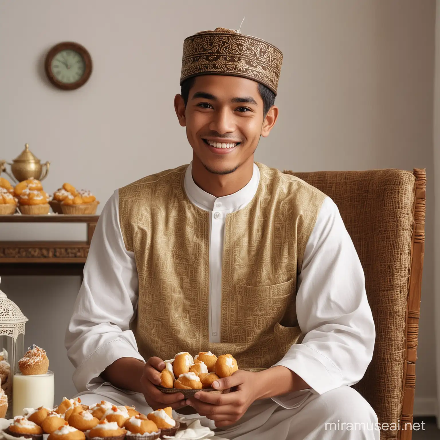 Smiling Indonesian Man with Nastar Cakes for Eid Celebration