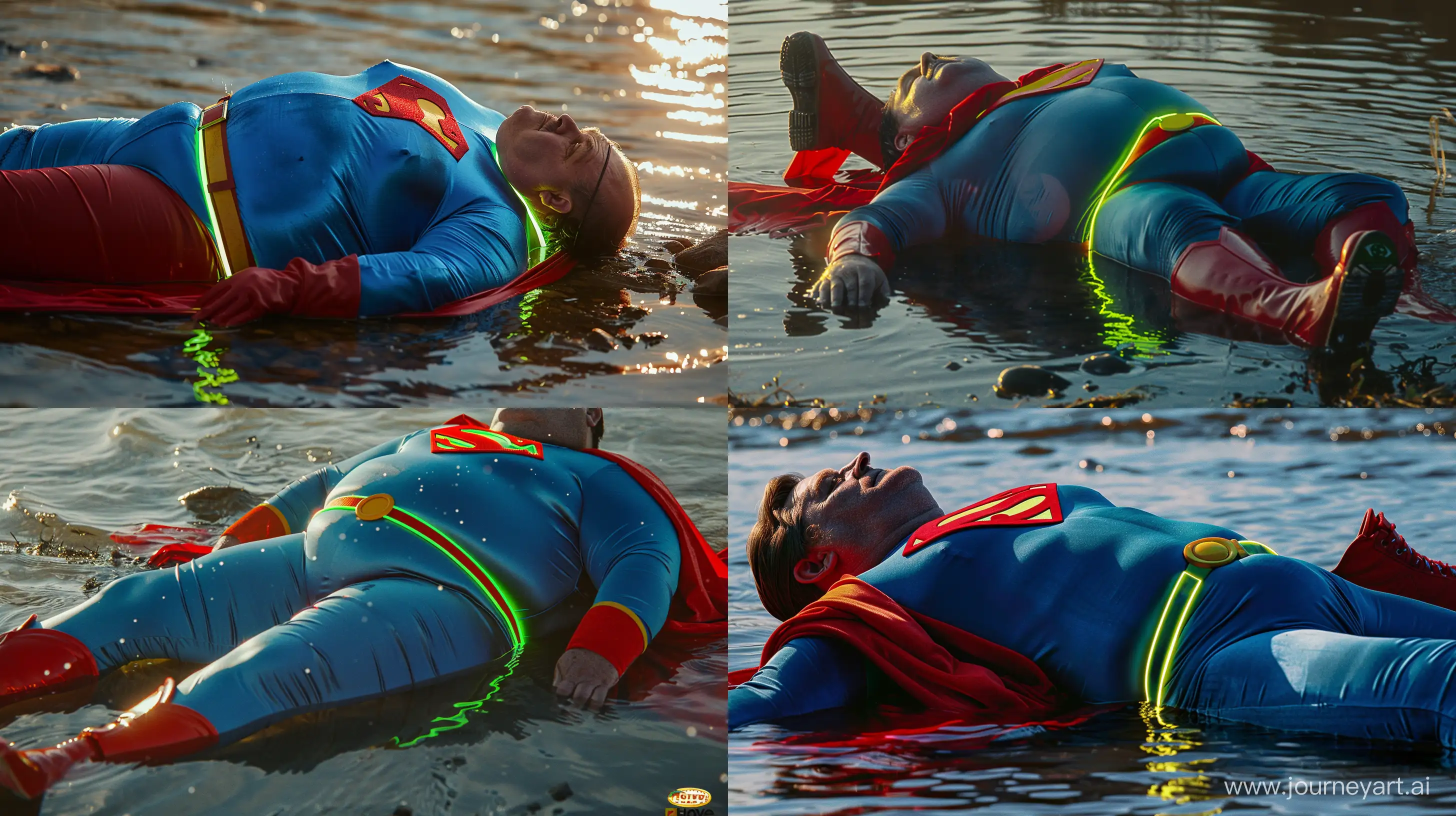 Close-up photo of a fat man aged 60 wearing a tight blue 1978 silk complete superman costume with a red cape and tight green glowing neon dog collar lying in the water. Red boots. Red Trunks. Yellow Belt. Natural Light. River. --style raw --ar 16:9