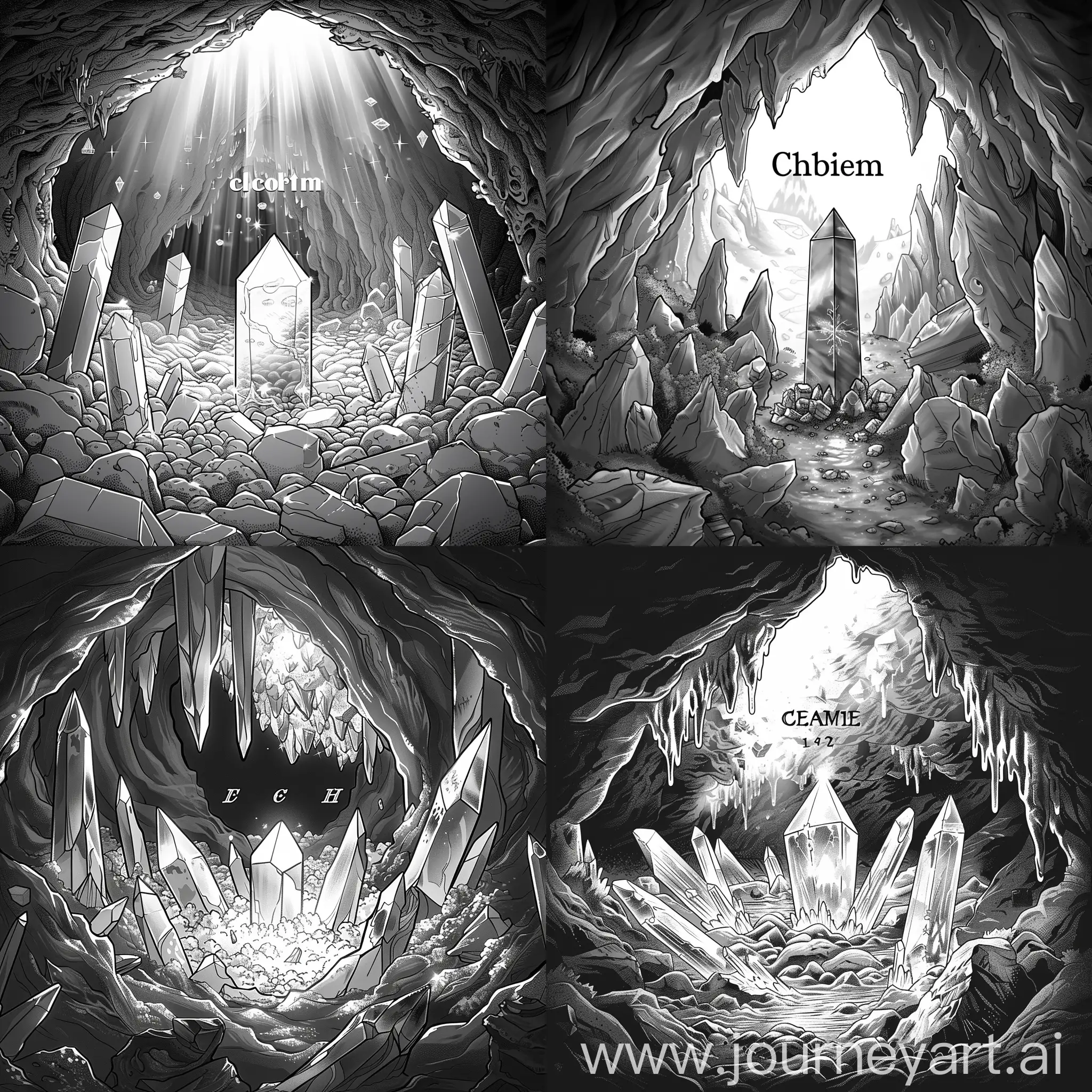 fantasy novel chapter page, black and white chapter crystal in the middle chapter number in the background a cave of crystals