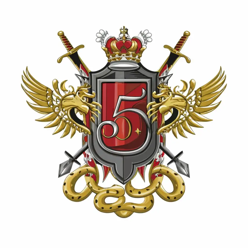 a logo design, with the text '5', main symbol: regiment emblem, shield shaped, daggers, skulls, snakes, wings, crown, historic, England national colors, calligraphy, white background, Moderate, clear background