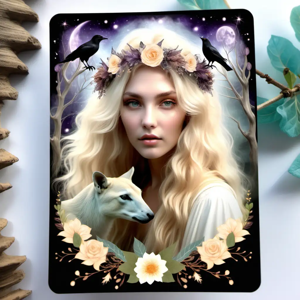 oracle card gentle witch with blonde hair flower wreath with animals mystical ethereal oracle card realistic 