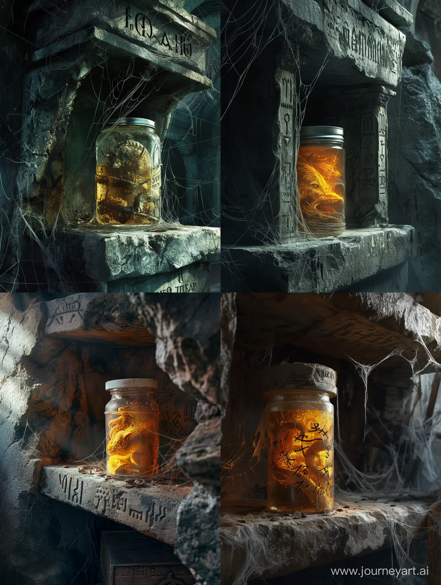 Ancient dark World with Ancient beasts in alcohol inside a jar,on ancient stone shelf,cobwebs everywhere,runic script,incredible detail,terrifying.