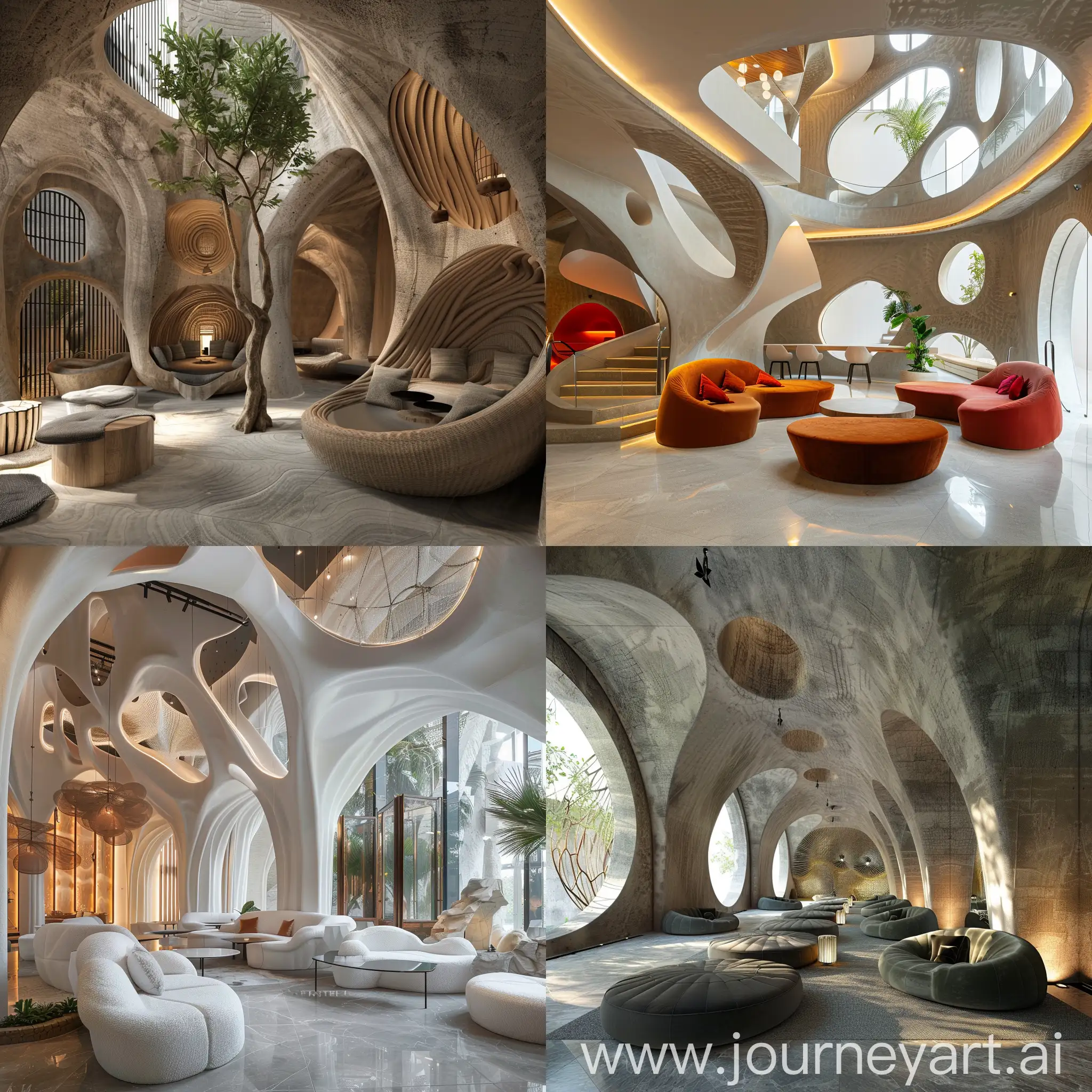 The interior design of the hotel, communal spaces inspired by the butterfly cocoon