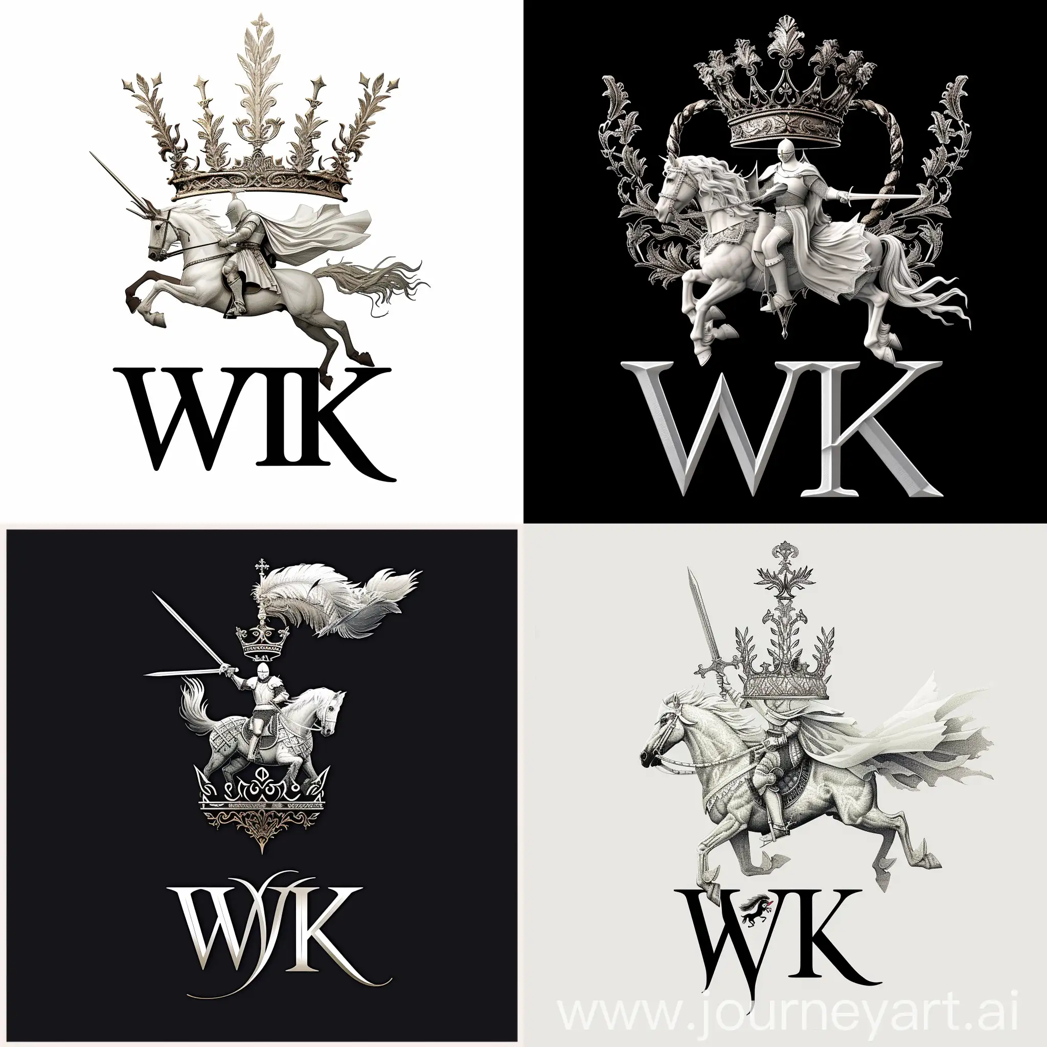 логотип "WK", где буквы "WK" стилизованы под форму короны с изысканными узорами, над короной изображен белый рыцарь на коне в боевой позе с  мечом в руках, рыцарь представлен в средневековой боевой броне с длинным плащом и шлемом с перьями, цветовая гамма включает белый цвет для образа рыцаря и серебристый для букв "WK", элегантный и утонченный шрифт для надписи чёрно-золотая "WK"