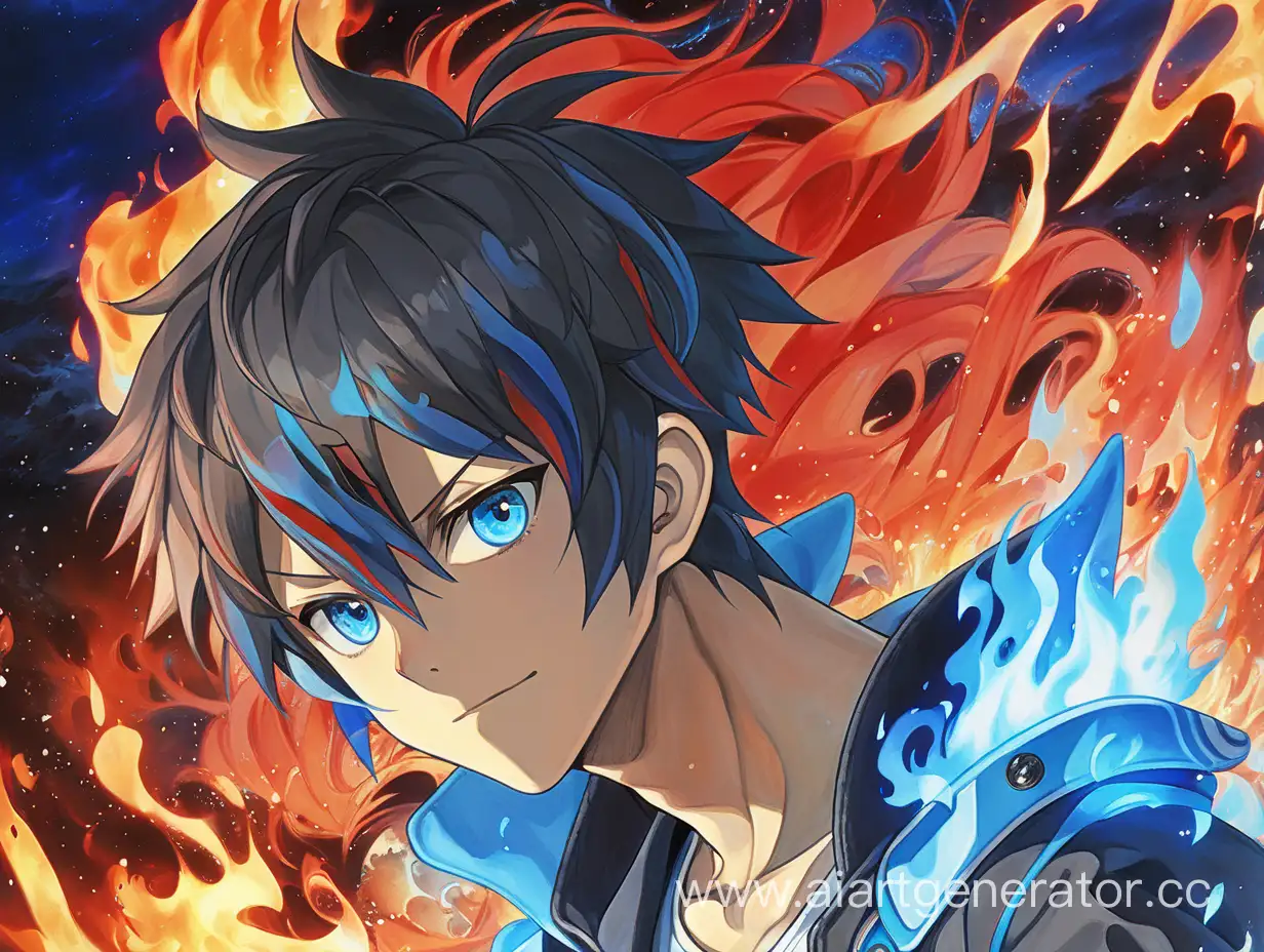 anime boy, with bright blue and red fire in the background. 