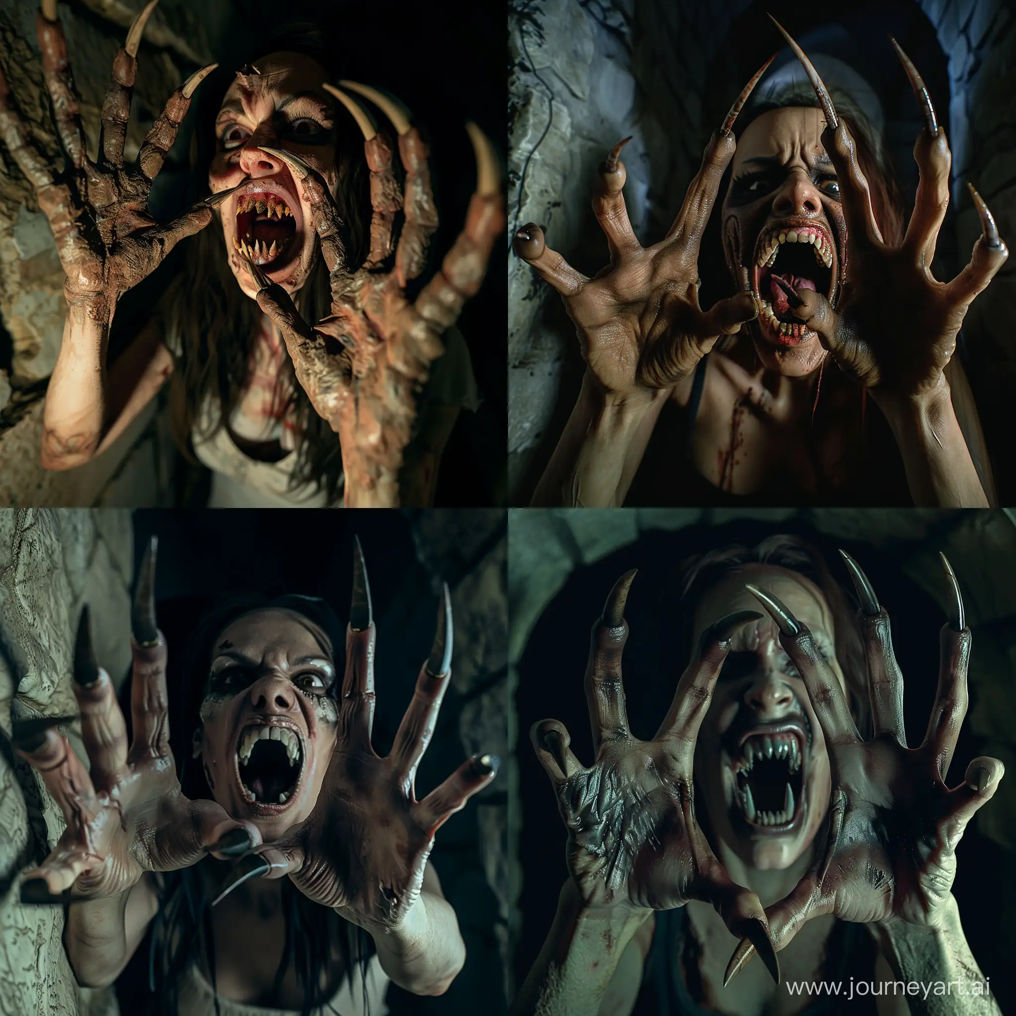 A horrifying nightmare scene of aggressive a zombie woman with extra long curved pointed nails, like beast claws, on her five-fingered hands, her mouth is open with pointed sharped teeth resembling fangs, she attacks you, scene inside abandoned crypt, hyper-realism, cinematic, high detail, photo detailing, high quality, photorealistic, terrifying, aggressive, sharp teeth-fangs, dark atmosphere, realistic detailed, detailed nails, horror, atmospheric lighting, full anatomical, human hands, very clear without flaws with five fingers, found footage vision