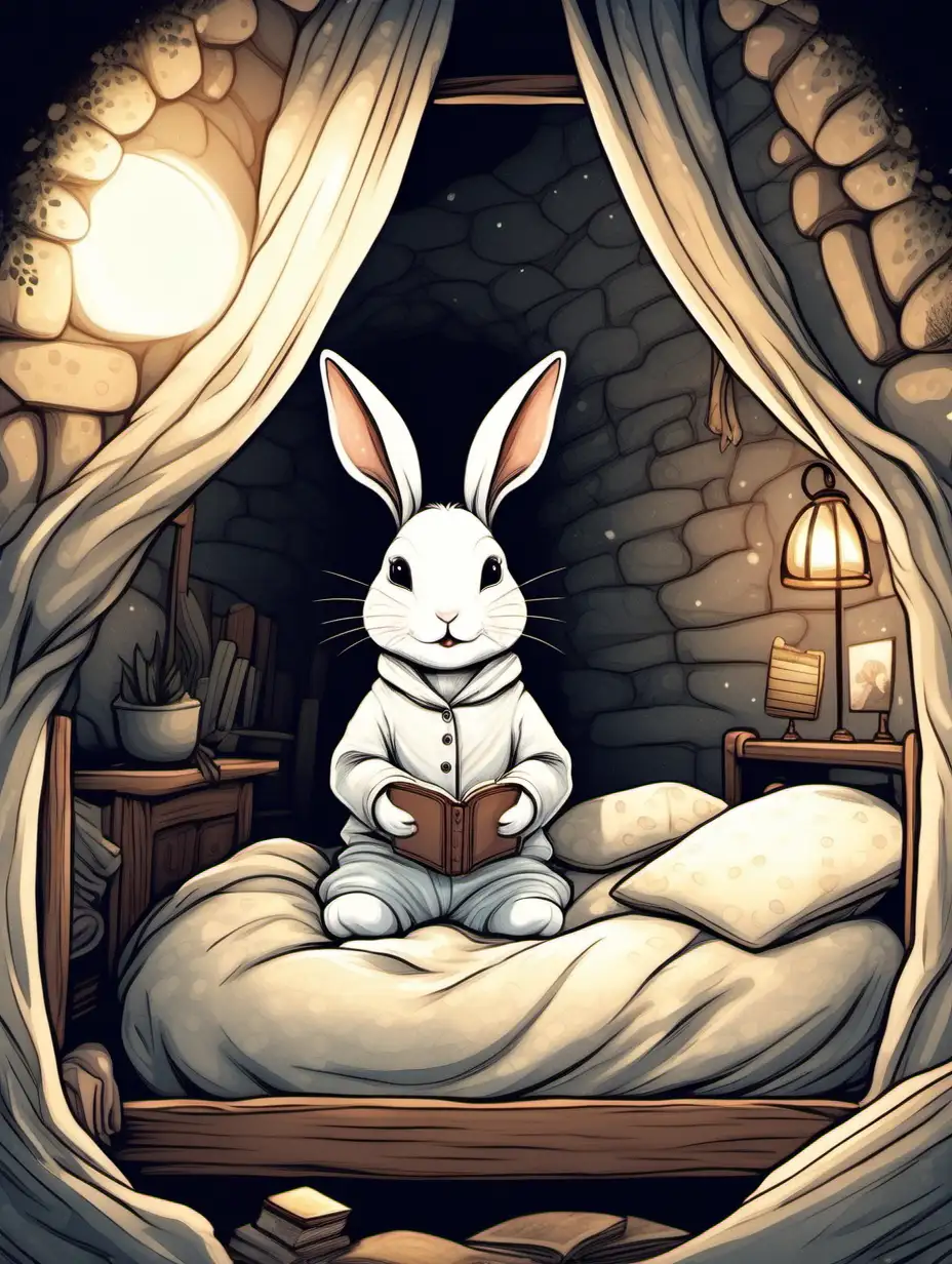 Adorable White Bunny in Cozy Bedtime Scene Storybook Illustration