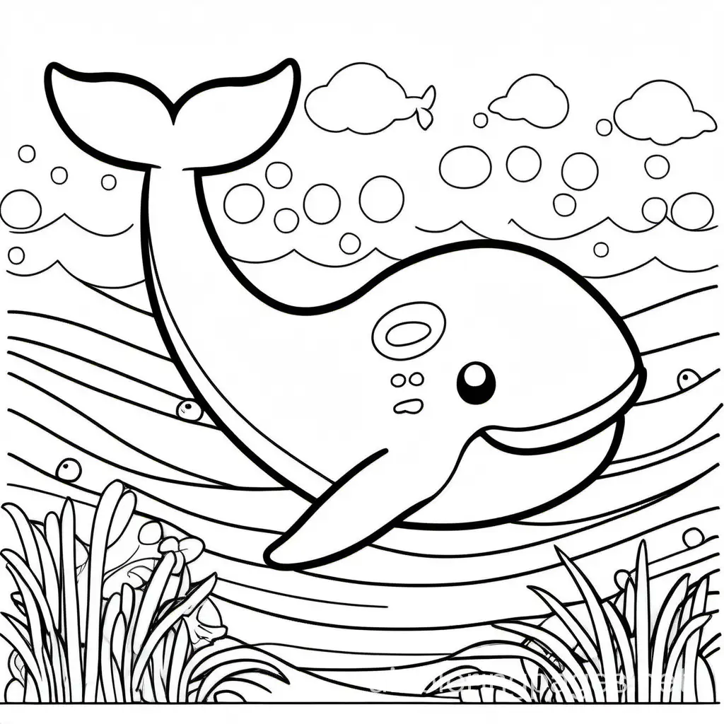 a cute Whale, Coloring Page, black and white, line art, white background, Simplicity, Ample White Space. The background of the coloring page is plain white to make it easy for young children to color within the lines. The outlines of all the subjects are easy to distinguish, making it simple for kids to color without too much difficulty