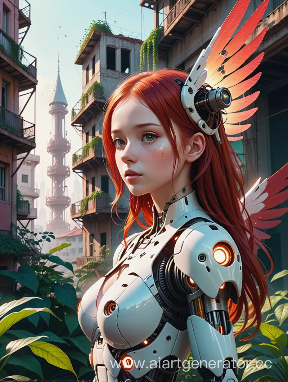 RedHaired-Cyborg-Girl-with-Robotic-Wings-Contemplates-Overgrown-Abandoned-City