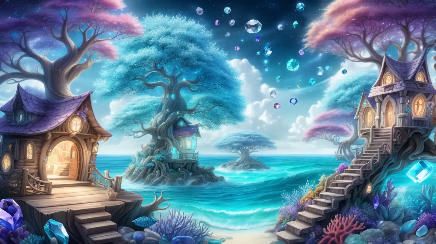 magical forest surrounding  an ocean and sky and clouds and glowing books of white, blue, and blue-purple with gemstone tree houses that have doors and windows in them and gemstone flowers and glowing, glimmers fantastical glowing trees and crystals and pearls with corals