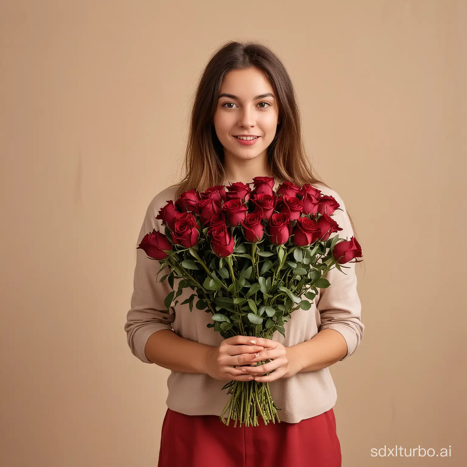 the girl holds 101 burgundy roses of the madame red variety in her hands. against the background of the girl there is a plain olive-colored wall.