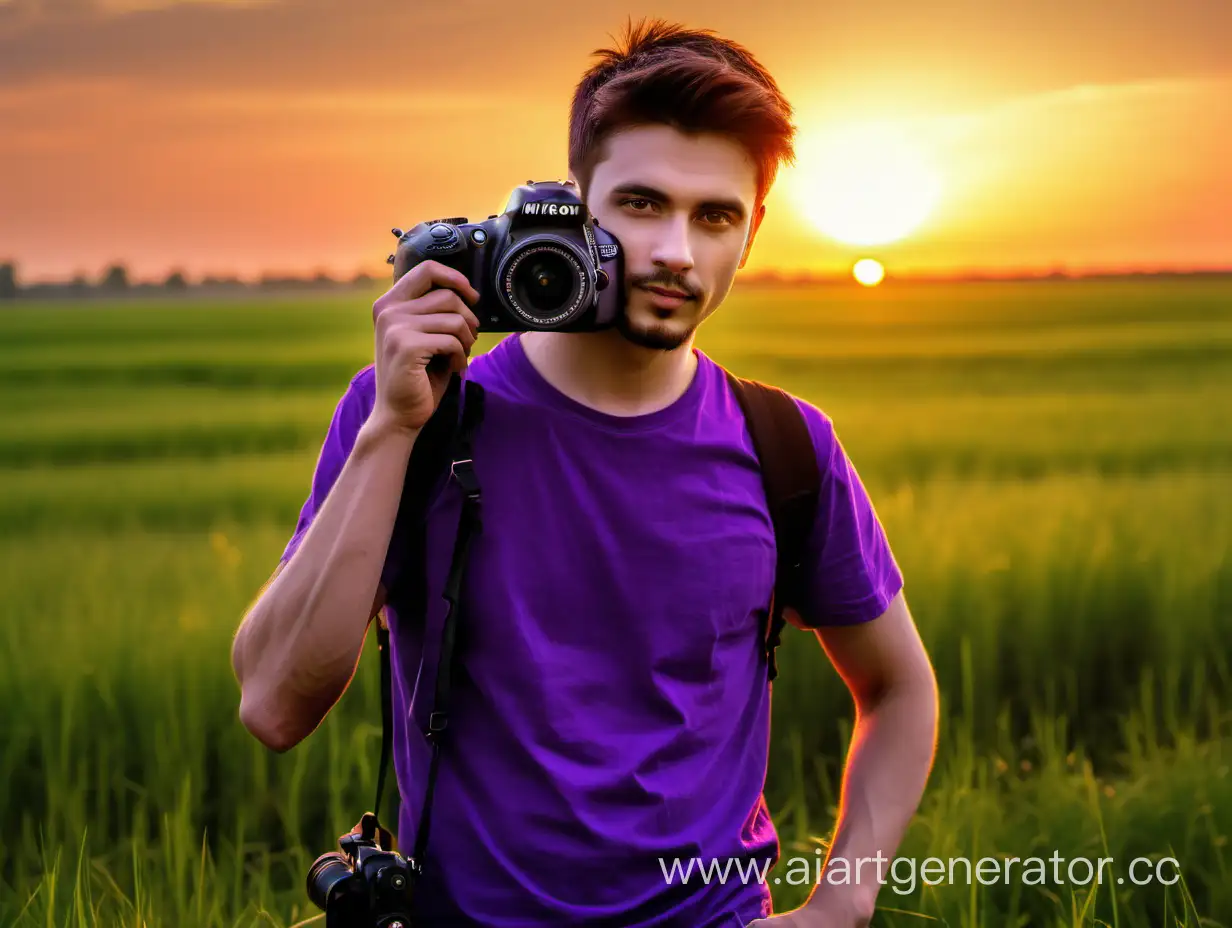 красивый парень фотограф,  в фиолетовой футболке,  фотоаппарат nikon, вечер, поле с зеленой травой, закат, оранжевое солнце на горизонте, 