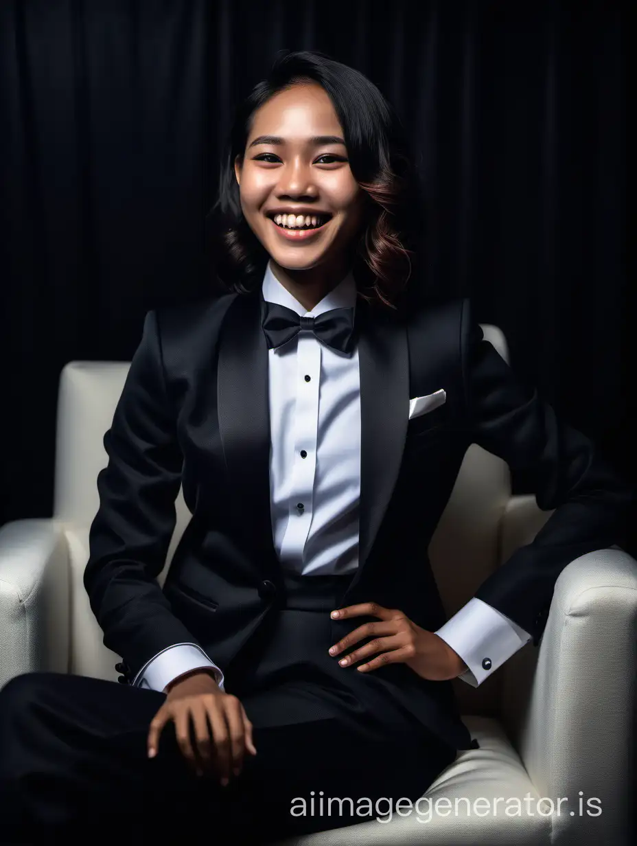 A smiling and laughing dark skinned thai woman with shoulder length hair is wearing a tuxedo.  She is sitting in a plush chair in a darkened room.  Her jacket is black.  Her jacket is open.  Her pants are black.  Her bowtie is black.  Her shirt is white with black cufflinks.