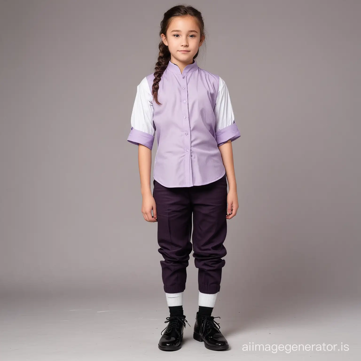 A 15 year old girl standing in a long shot. She is  facing camera, wearing light lavender half sleeve shirt with chinese collar.Her hair is single lined pony tailed. She wears a dark grape colored vest over the shirt. She wears a dark grape colored full length pants. She has black cut shoes on her foot and white socks