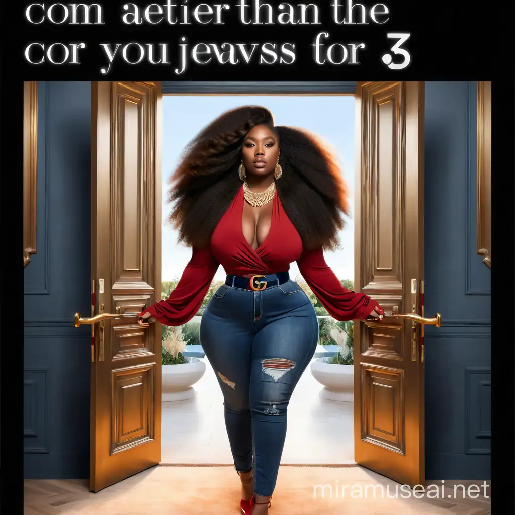create a 3d volumious curvy african american woman makeup flawless wearing a red gucci blouse blue fitted jeans red bottom heels bling jewelry and long wavy hair walking between open door holding the both handle on the french doors background is of stairs in an expensive home  

