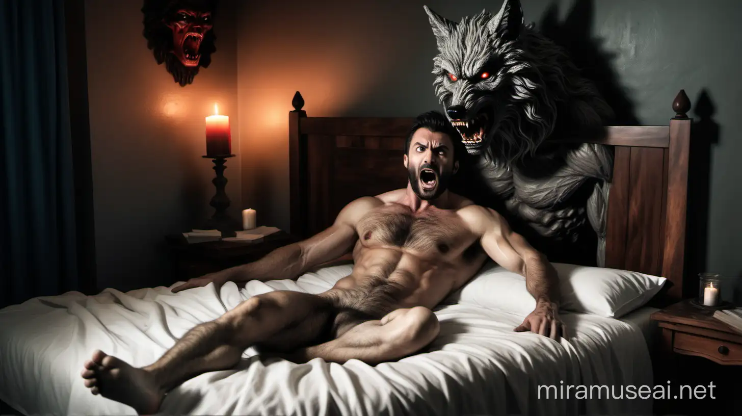Homme musclé, poilu couché dans un lit nu, qui a peur parce qu’il y a un loup provenant de l’enfer Dans la chambre 