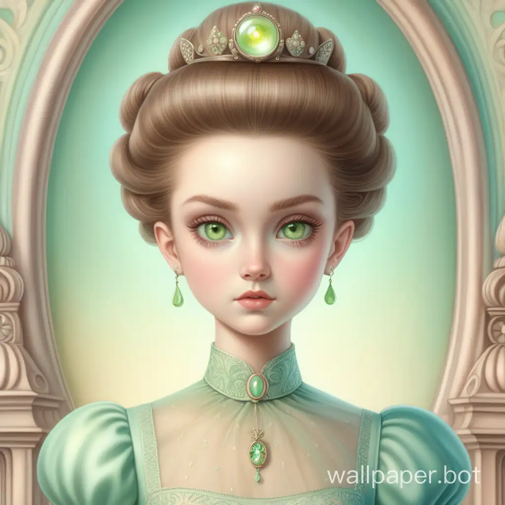 Surrealistic illustration. Girl with light-brown hair, elegant high hairstyle, light-green eyes. Beautiful retro costume up to the waist. Radiant clear skin. Natural light, delicate pastel translucent tones. Interesting details, kingdom. Style Mark Ryden. High quality. 4K, clarity