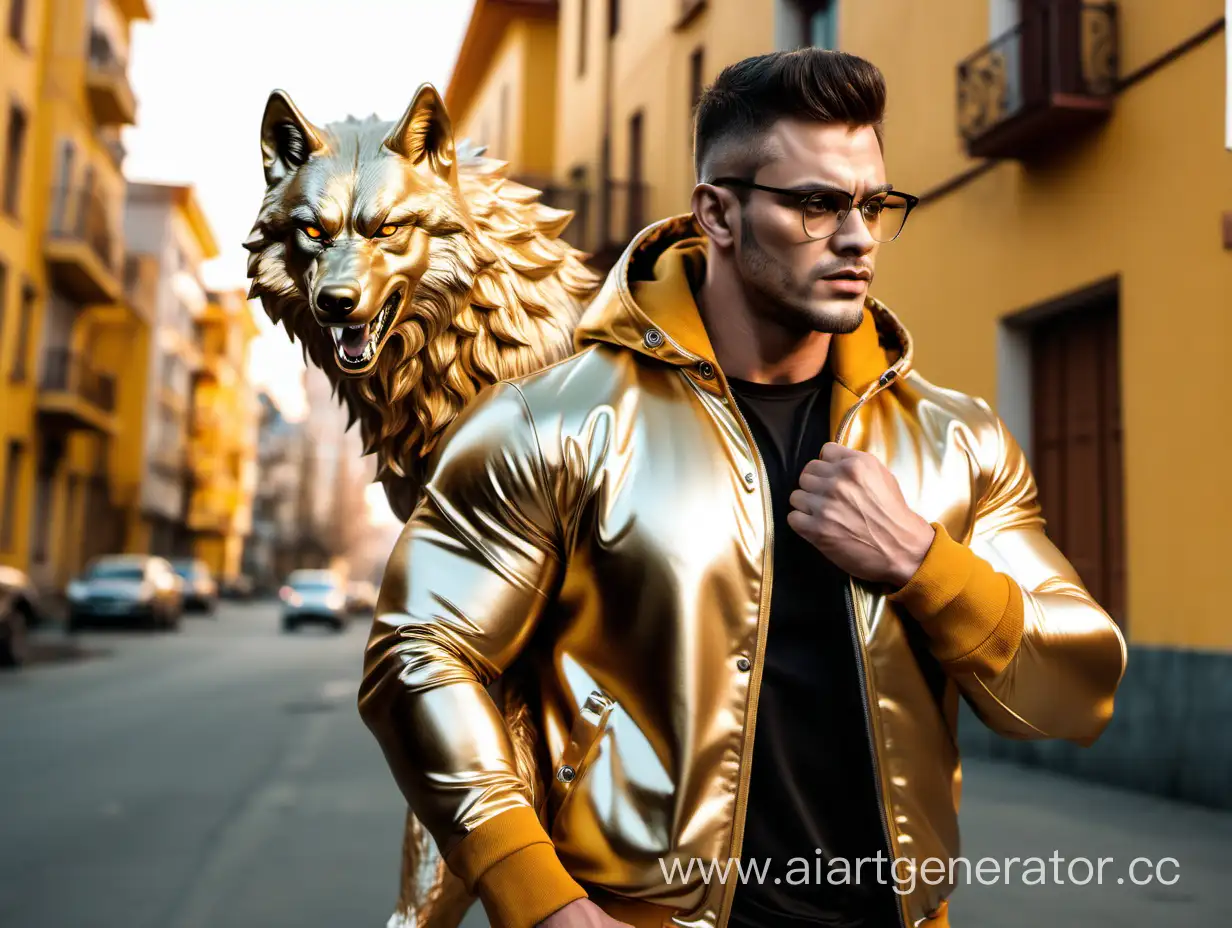 Muscular-Man-in-Golden-Jacket-with-Wolf-by-Golden-Houses