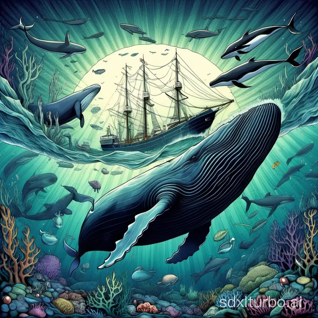 Majestic-Whale-Swimming-Near-Ship-in-Deep-Sea