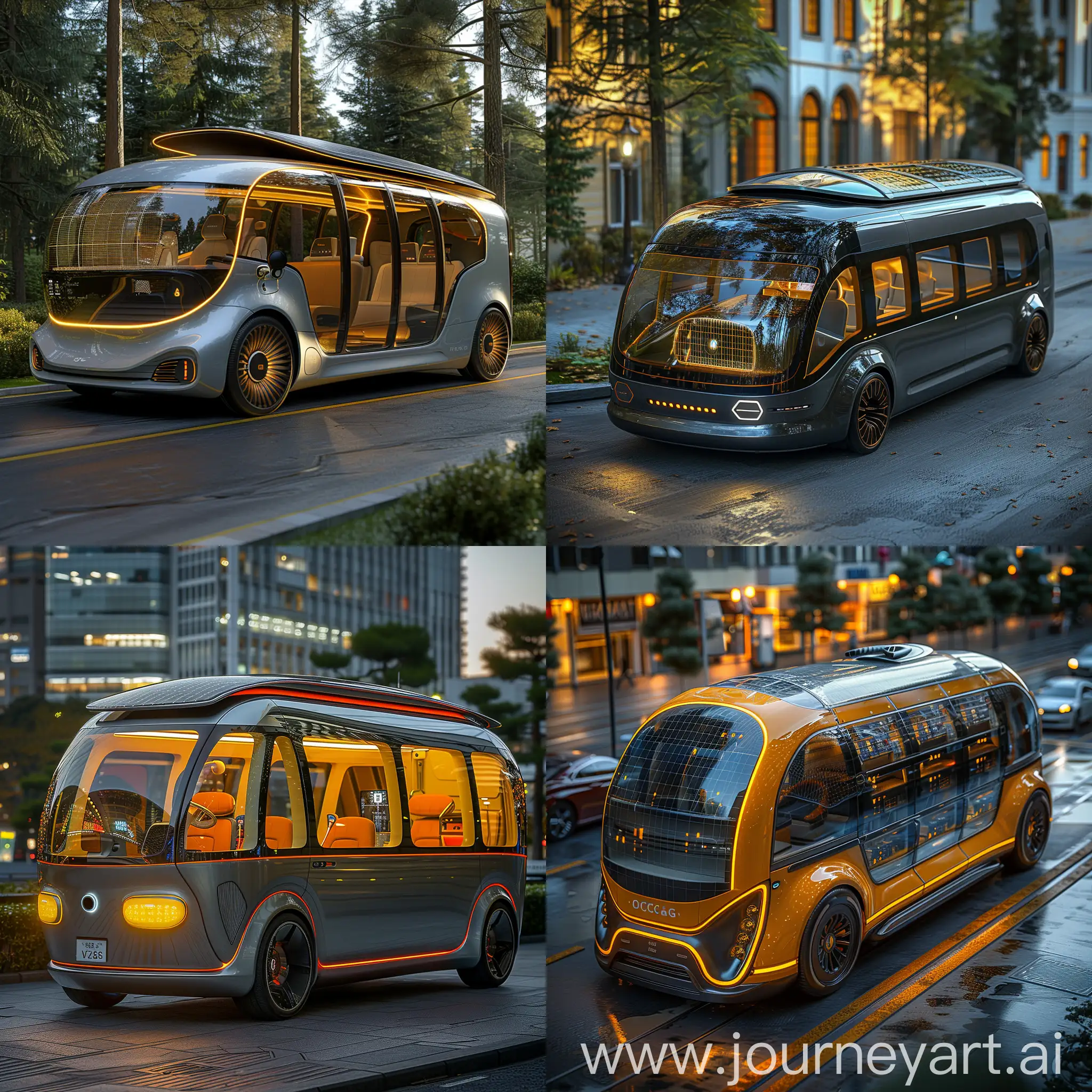 Ultramodern, futuristic microbus, Self-Charging Solar Roof, Hydrogen Fuel Cell, Regenerative Braking, Lightweight Construction, Aerodynamic Design, Thermally Efficient Climate Control, Eco-Friendly Materials, Smart Route Planning, Vehicle-to-Grid (V2G) Technology, Over-the-Air (OTA) Updates, Autonomous Driving, Augmented Reality Windshield, Biometric Entry and Security, Voice-Activated Controls, Heads-Up Display (HUD), Panoramic Sunroof with Switchable Transparency, Foldable and Removable Seats, Robotic Cleaning System, Advanced Driver-Assistance Systems (ADAS), In-Vehicle Entertainment System with AI Assistant, octane render --stylize 1000