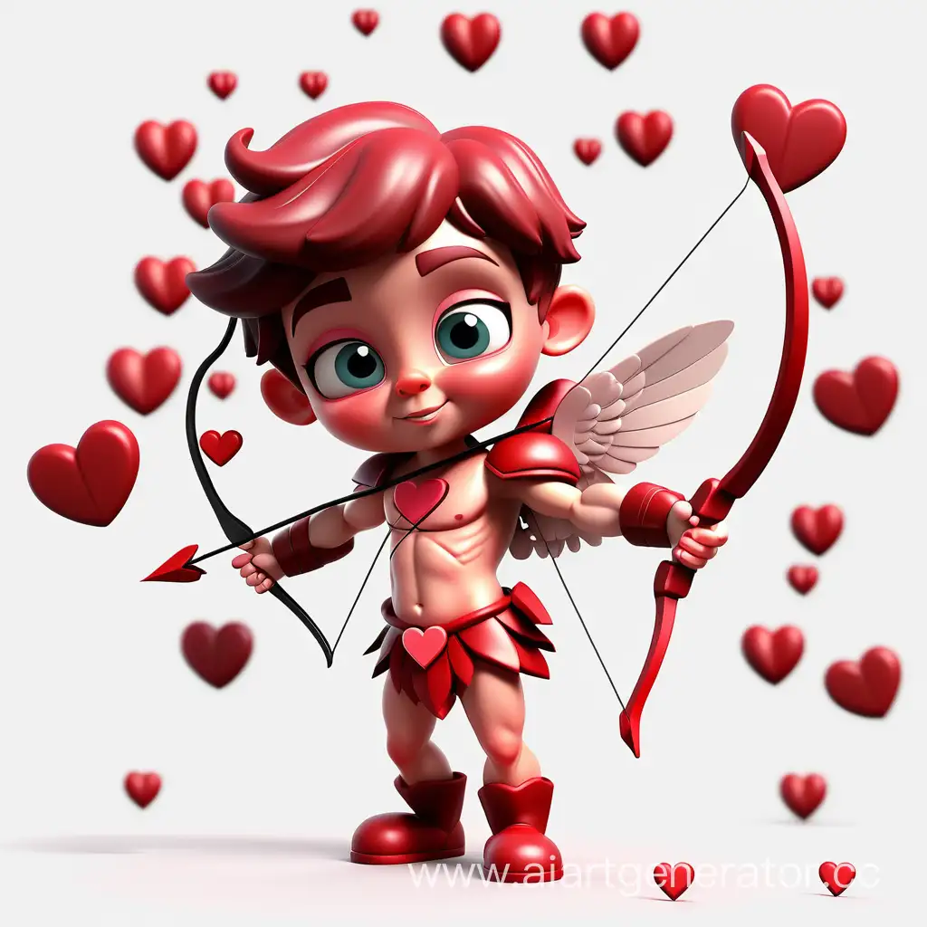 3D Cupid kid with a bow and arrow and flying hearts around white background