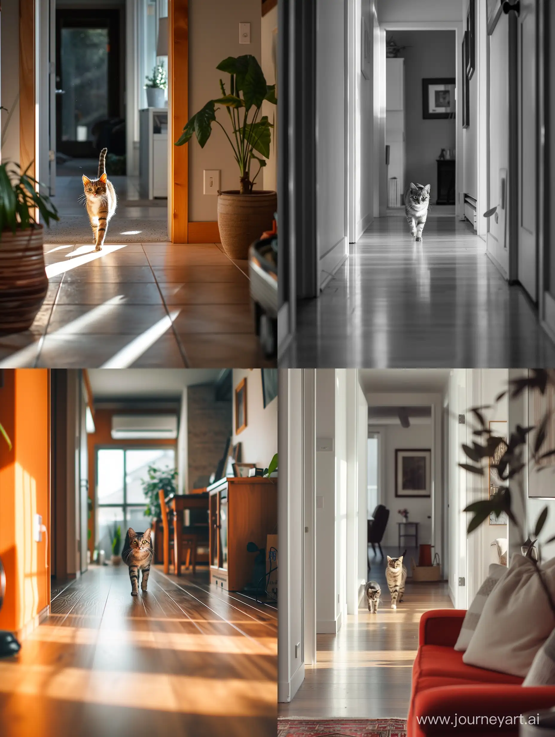 A cat walking towards the camera from afar in the corridor of the house. It comes from the point of the corridor farthest from the lens. The lens is close to the ground at the cat's height.