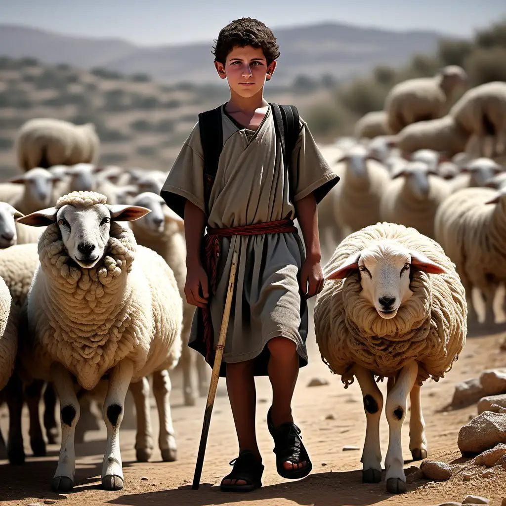 Generate a photo realistic a 12 year old boy an Israeli by tribe, he is a shepherd with staff and some sheep with different behaviours, some eating from the ground, some walking