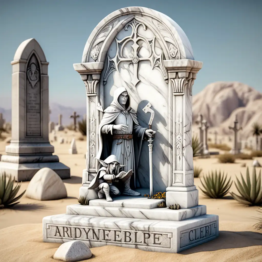 Desert Cemetery Tombstone White Marble Monument with Cleric Elf and Rogue Halfling Figures