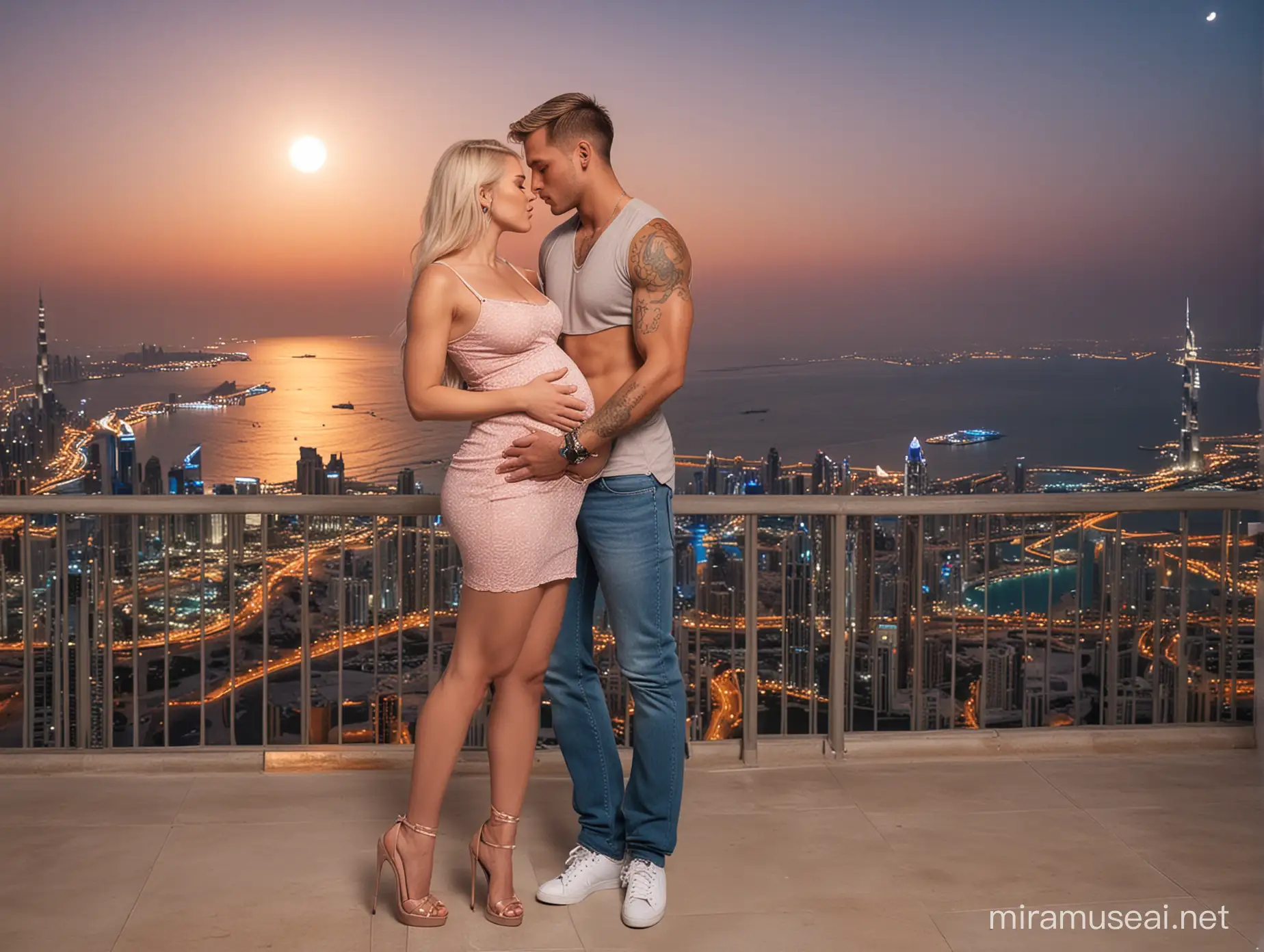 Pregnant Blonde Girl Kissing Muscular Husband with Moonlit Evening Background