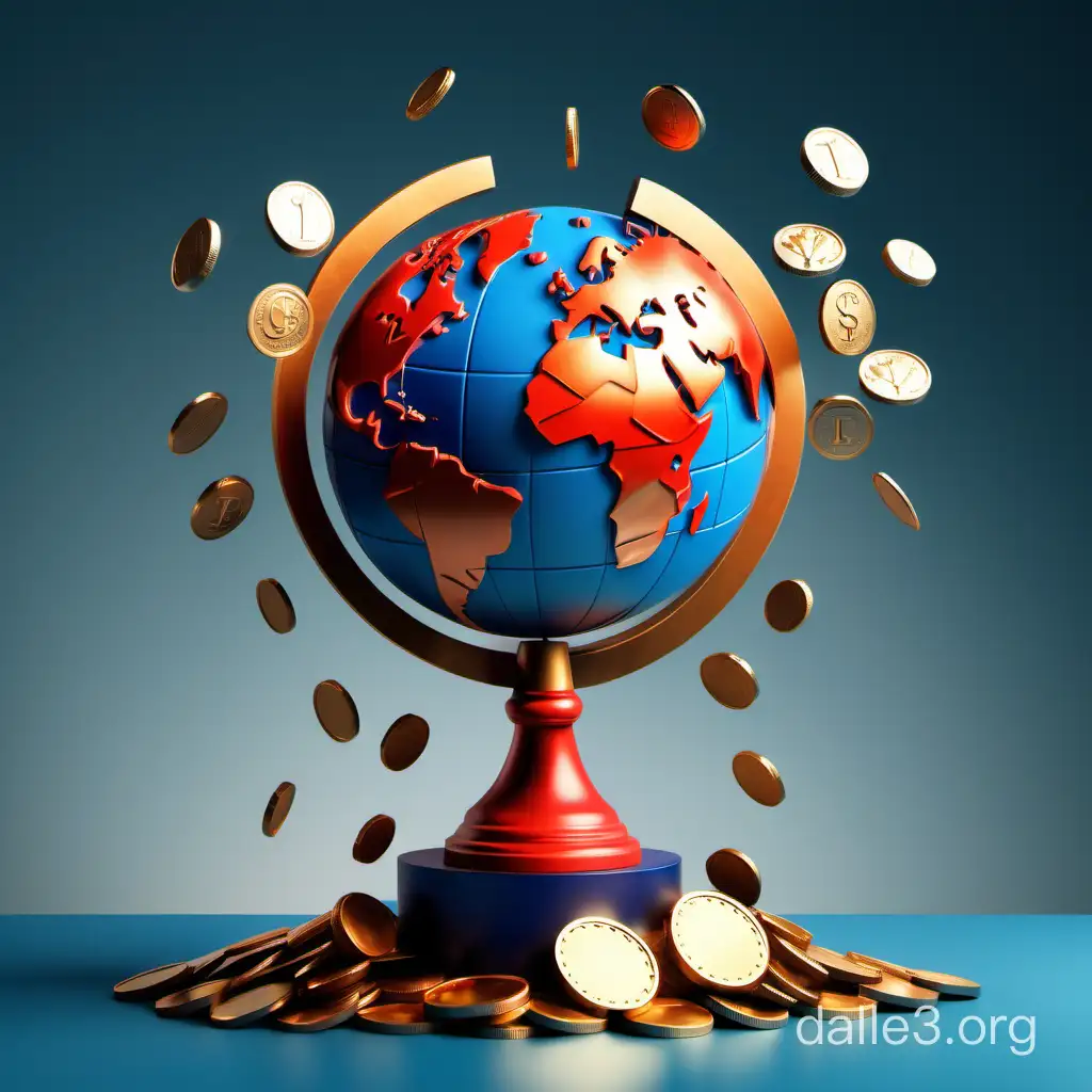 Субъект: кубок победителя в виде земного шара, вокруг него летают монетки, на фоне показан финансовый рост Материал: реалистичный стиль Цвета: приглушенные