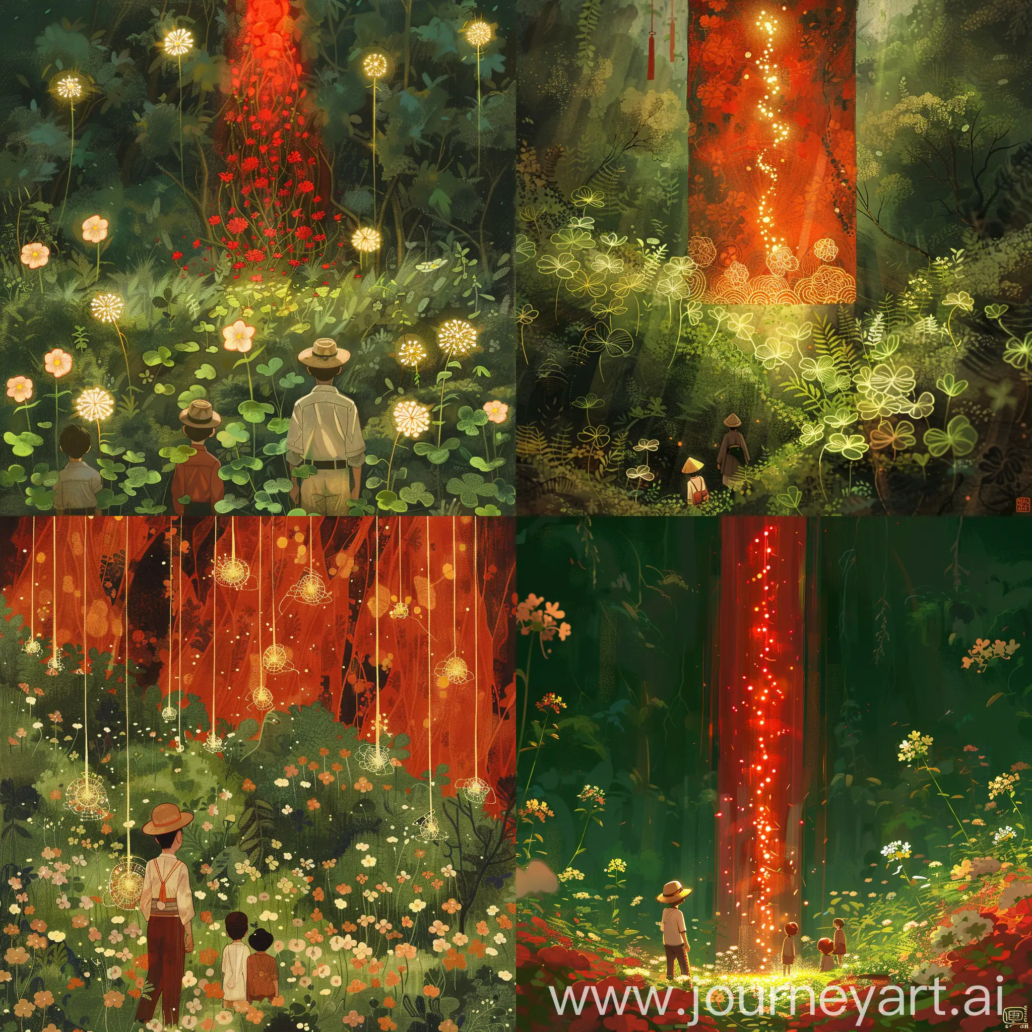 an illustration forest exploration a japan on outdoor hat a man with a 2boys, looking ((clover flowers beam lights))(zoom up), clover flowers fields, in the style of white gold molten filigree and red, confessional, playful and whimsical designs, notable sense of movement, i can't believe how beautiful this is, high-angle, hanging scroll