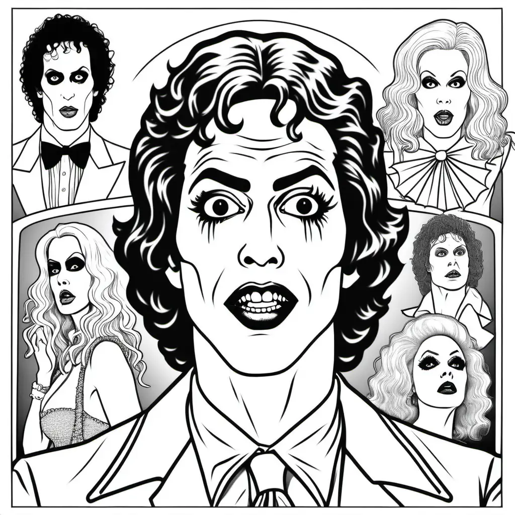 a simple black and white coloring book outline of Rocky Horror picture show', for coloring