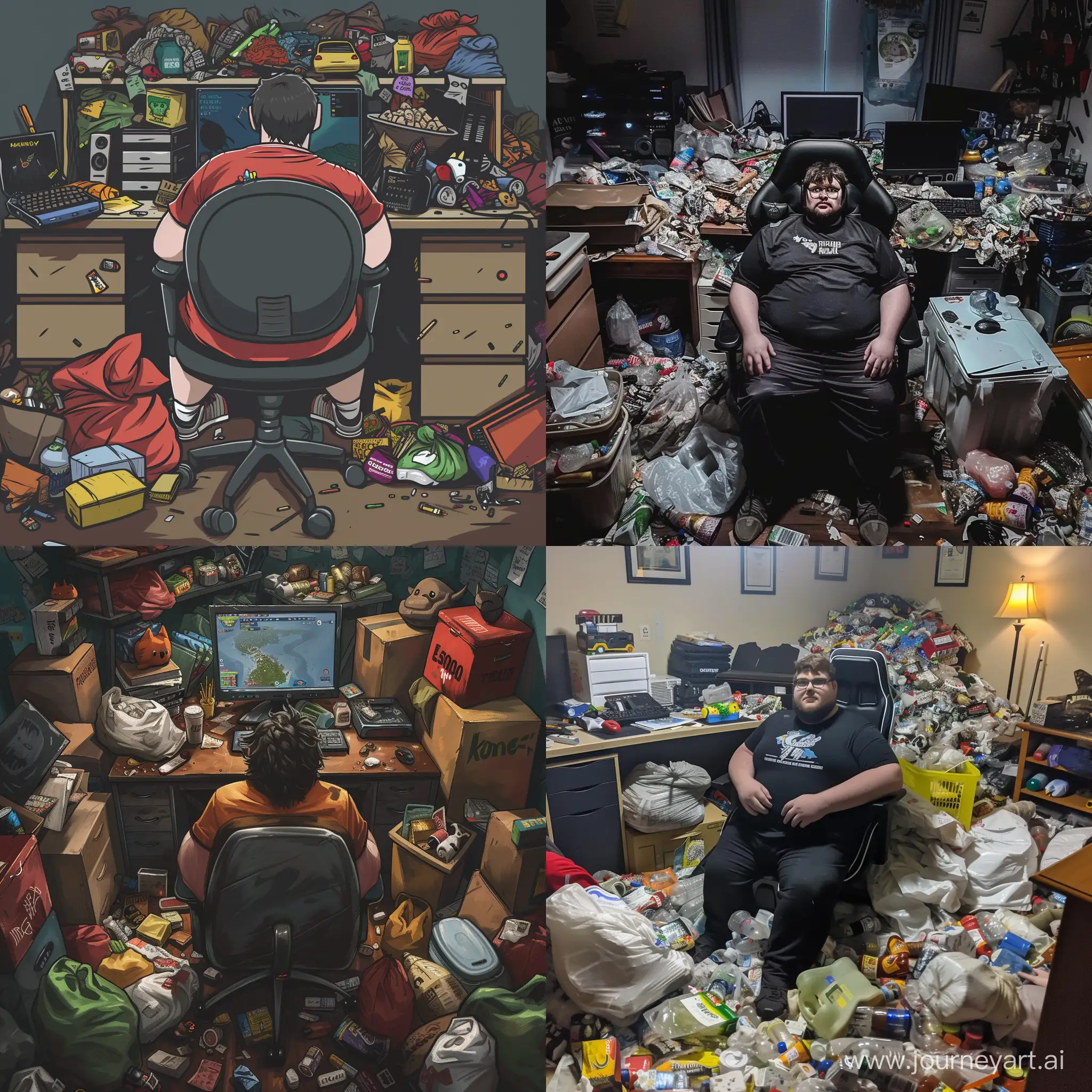 600 lbs Gamer sitting in a deskchair. 600 lbs. Room filled with garbage and clutter. Unhygienic --v 6 --ar 1:1 --no 14933