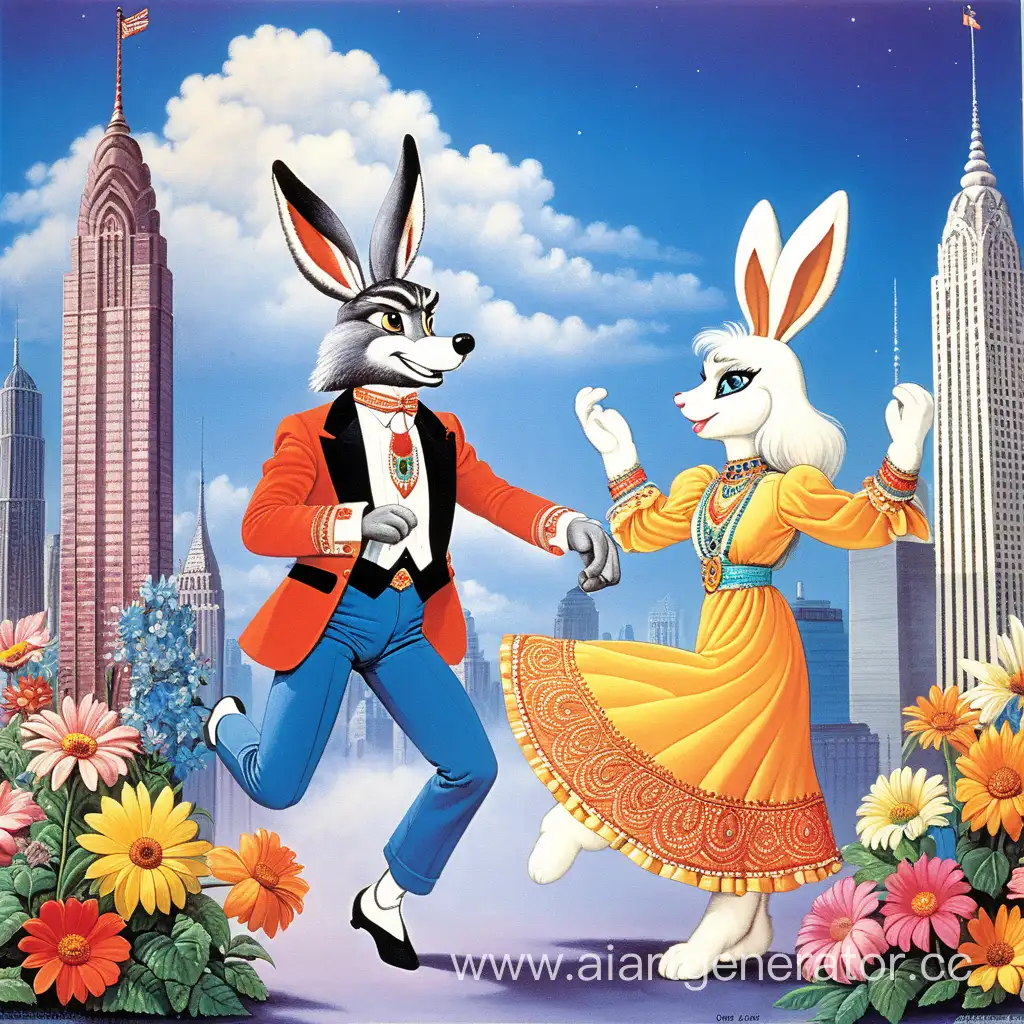 фантастически шикарный волк из "ну погоди-1980"и рядом роскошно одетый зайчик из "ну погоди-1980", оба танцуют индийские танцы, а вокруг разноцветные красивые небоскрёбы и облака и цветы