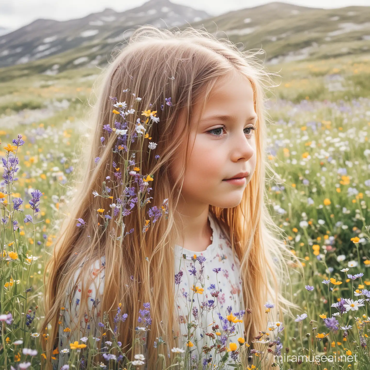 Fotografia a doppia esposizione di un prato di montagna pieno di fiori selvatici e di un bellissimo bambino con i capelli lunghi, con una nitidezza impeccabile e tonalità vibranti, su uno sfondo bianco