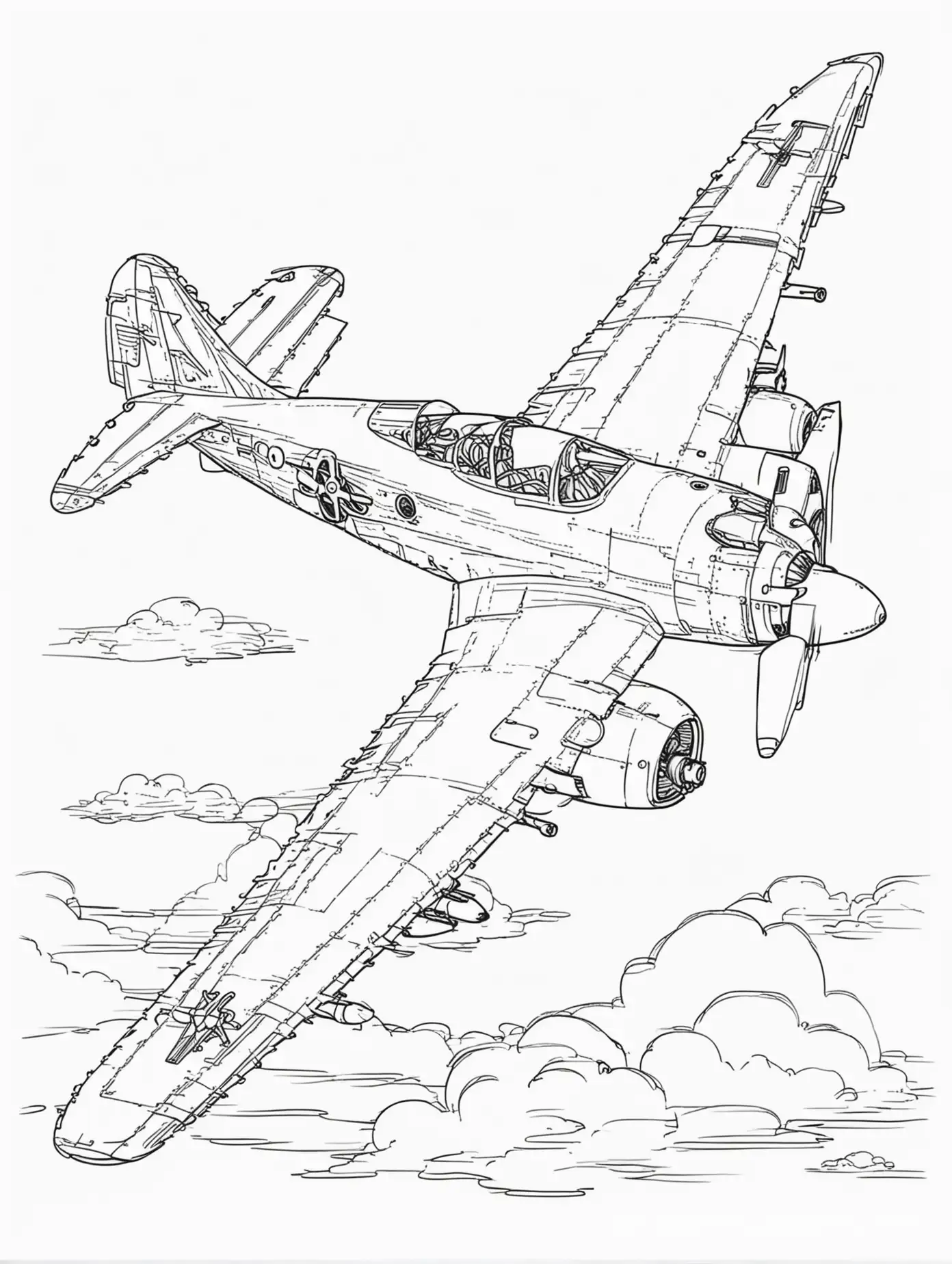 bombing plane, Coloring Page, black and white, line art, white background, Simplicity, Ample White Space. The background of the coloring page is plain white to make it easy for young children to color within the lines. The outlines of all the subjects are easy to distinguish, making it simple for kids to color without too much difficulty