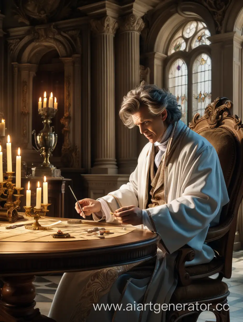 Доктор в белом халате занимается магией сидя у стола. В роскошном замке в стиле барокко