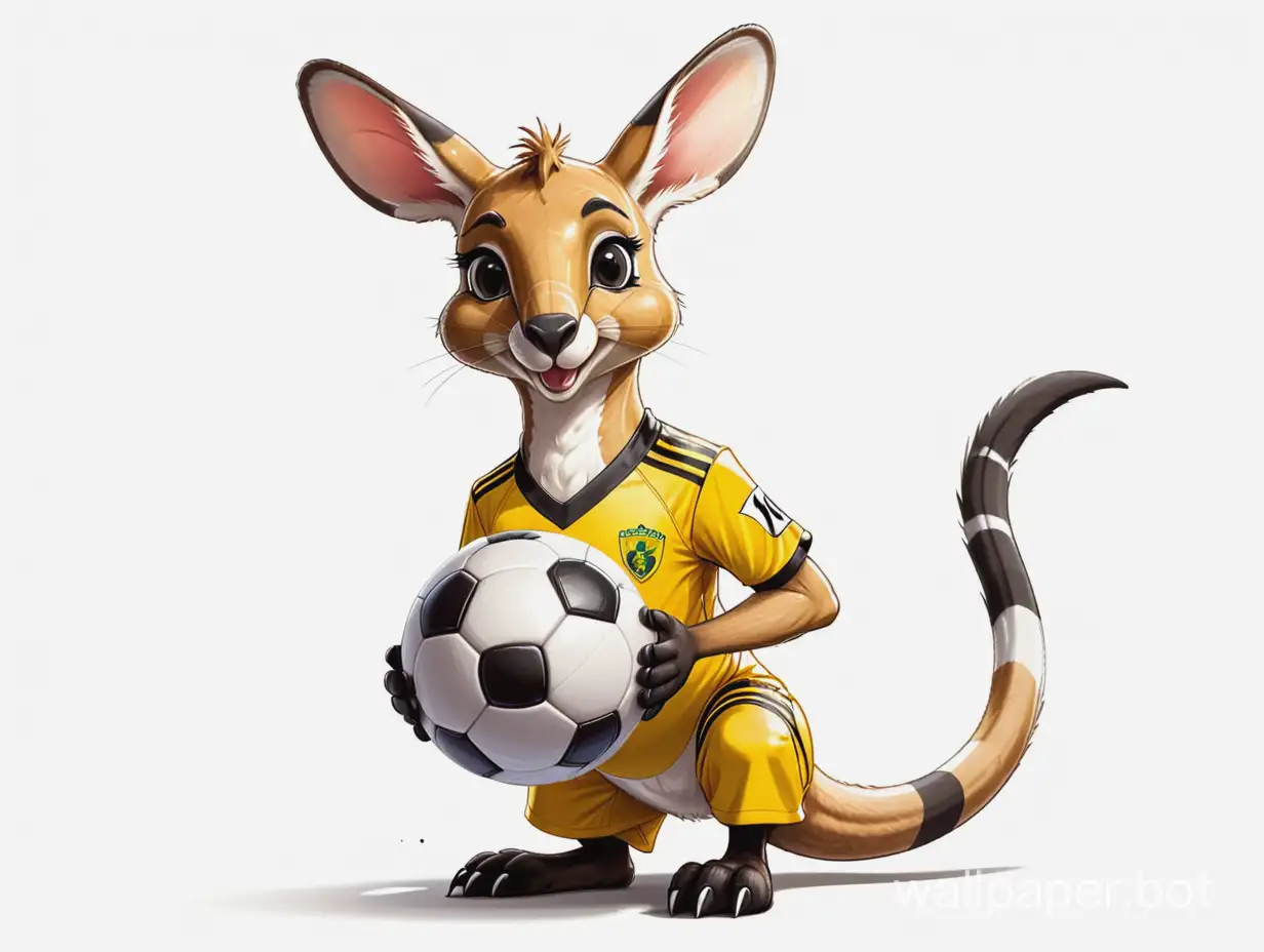 soccer kangaroo team mascot in yellow uniform with black stripes with ball high implementation white background