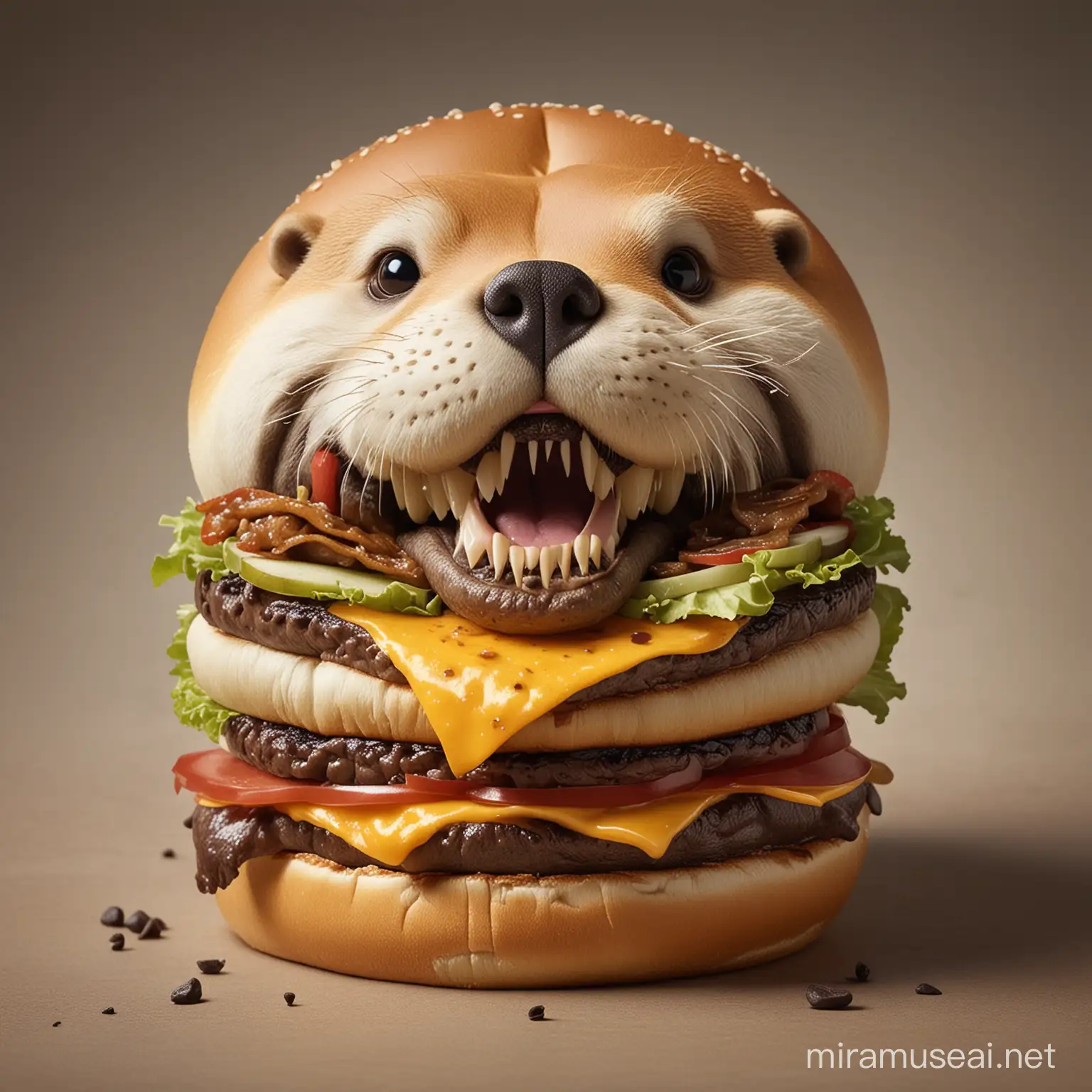 An anthropomorphic cheeseburger with razor-sharp teeth eating an otter