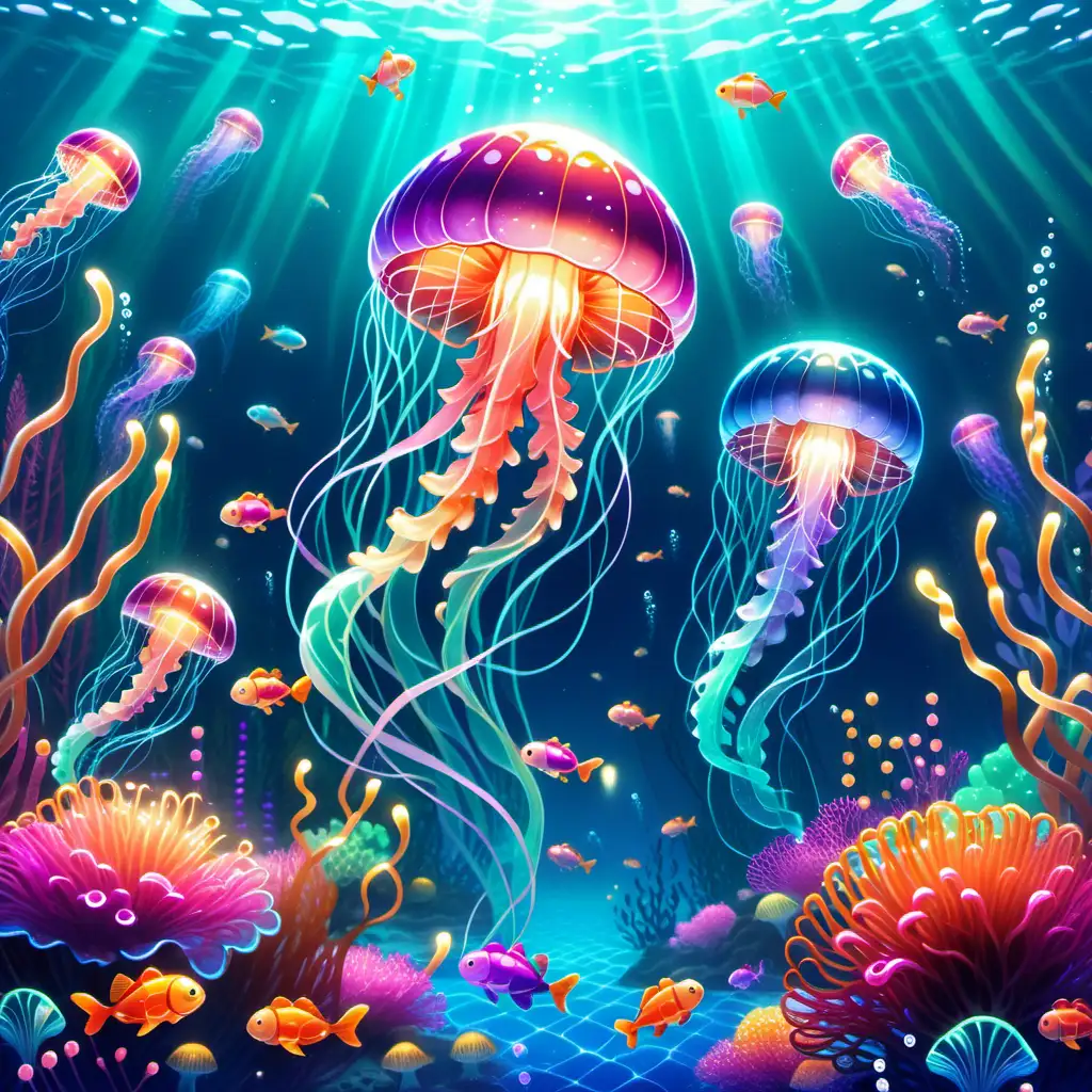 kawaii style, illustration,
Unterwasserparadies, das von leuchtenden Quallen, glitzernden Fischen und bunten Seegraswiesen bevölkert wird.