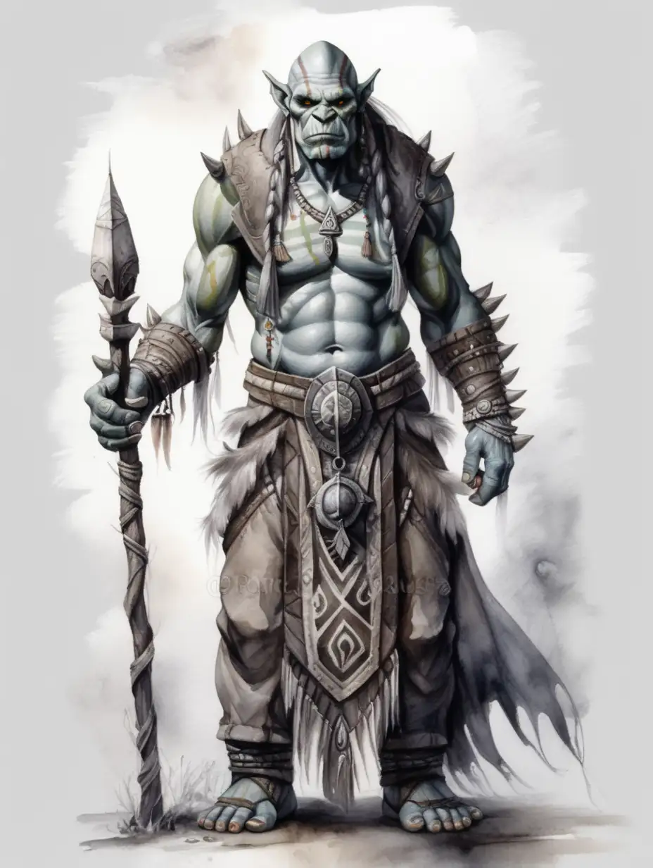 fantasy gray tribal orc priest standing, dark watercolor drawing, no background