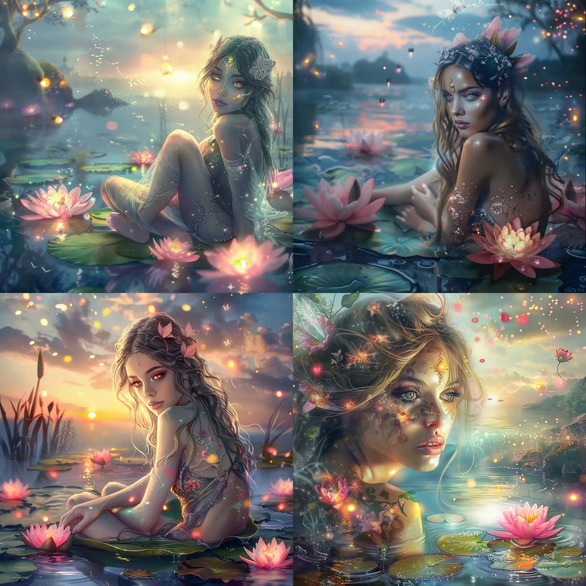 A highly detailed image of a beautiful water nymph woman  with delicate facial features and  beautiful eyes sitting on a lily pad in an enchanted lake. There are fireflies in the sky and a pink waterlilies are glowing. Beautiful magical fantasy mysterious etheral highly detailed 