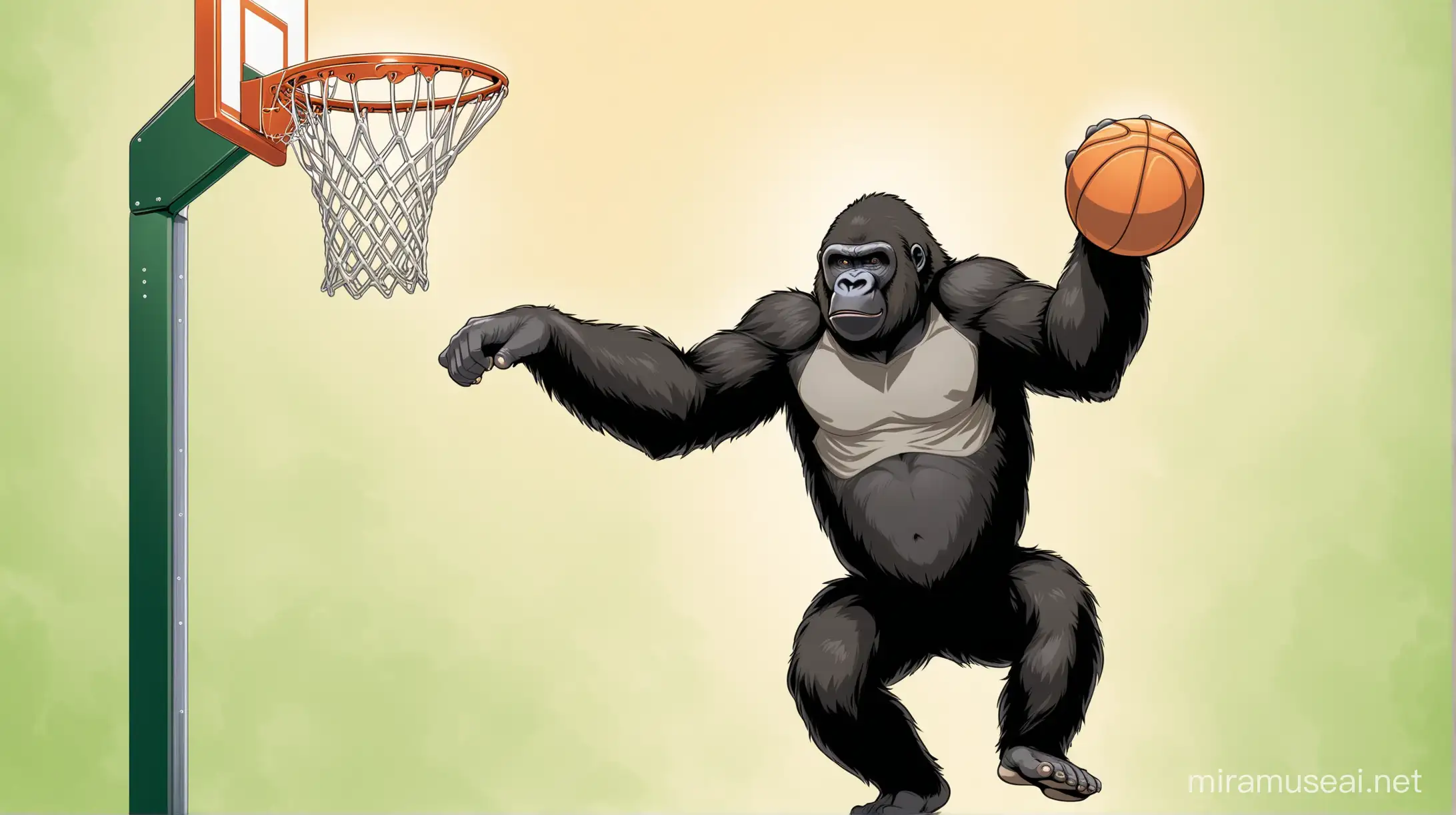gorilla dunking a basketball hard over a chimpanzee