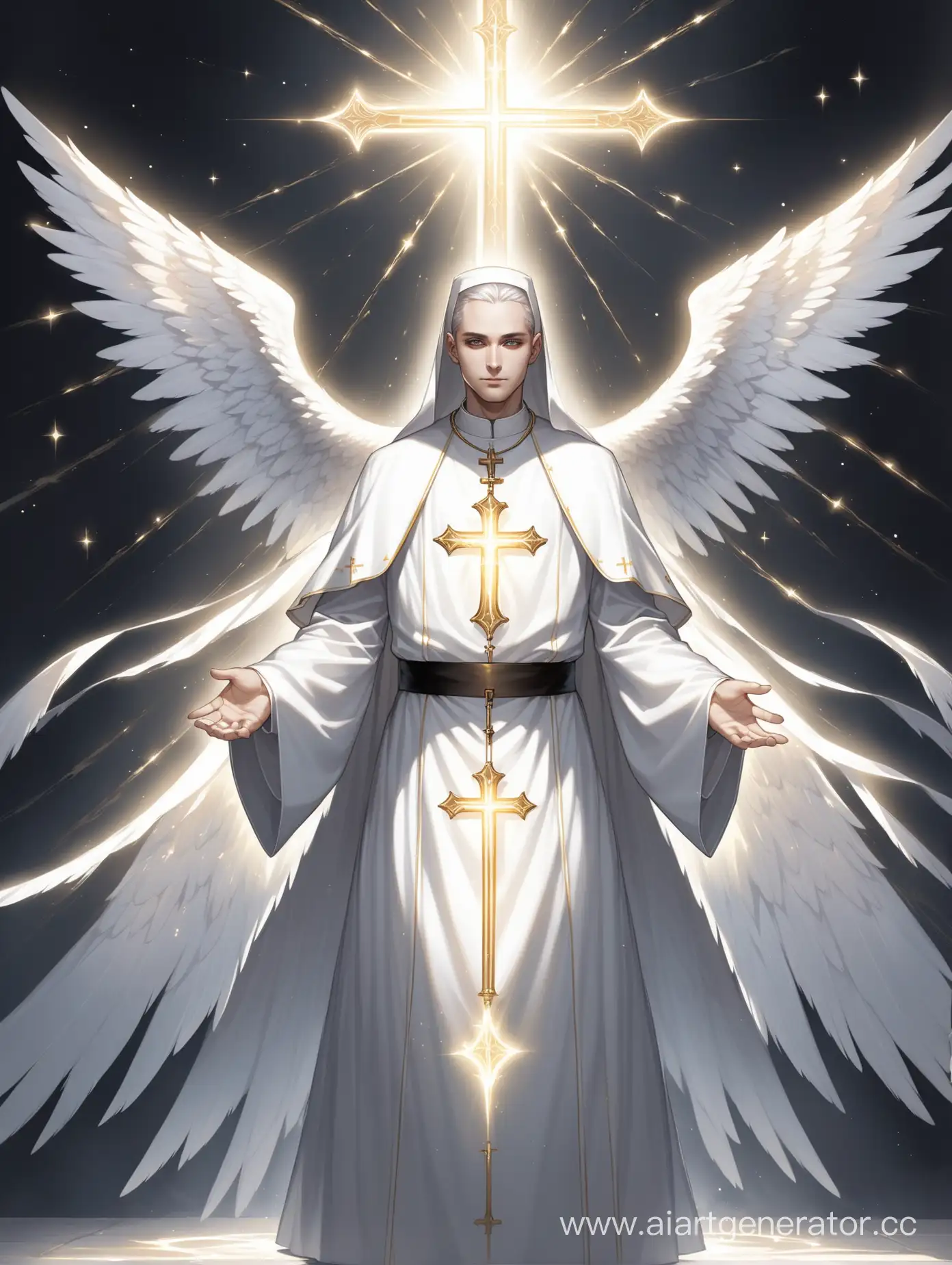 это священик,одет в одежду священика в изображением креста,его кожа светится светом,глаза его светятся белым цветом,у него есть крылья которые состоят из света,а кожа его белая как сам свет