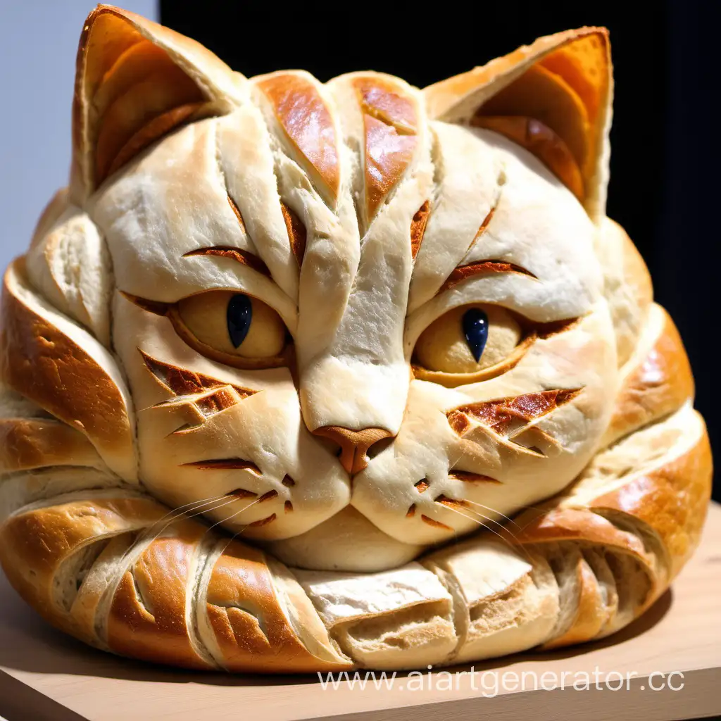 Realistic-Bread-Cat-Sculpture-Whimsical-Art-Piece-of-Feline-Form-Crafted-from-Freshly-Baked-Bread