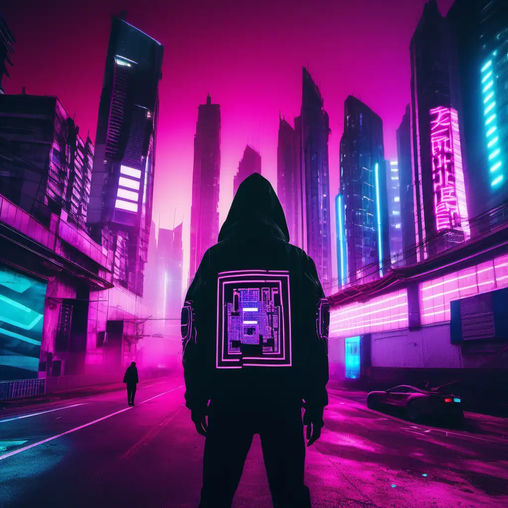 Futuristic Cyberpunk Cityscape with NeonLit Jacket and Air Filtration Mask