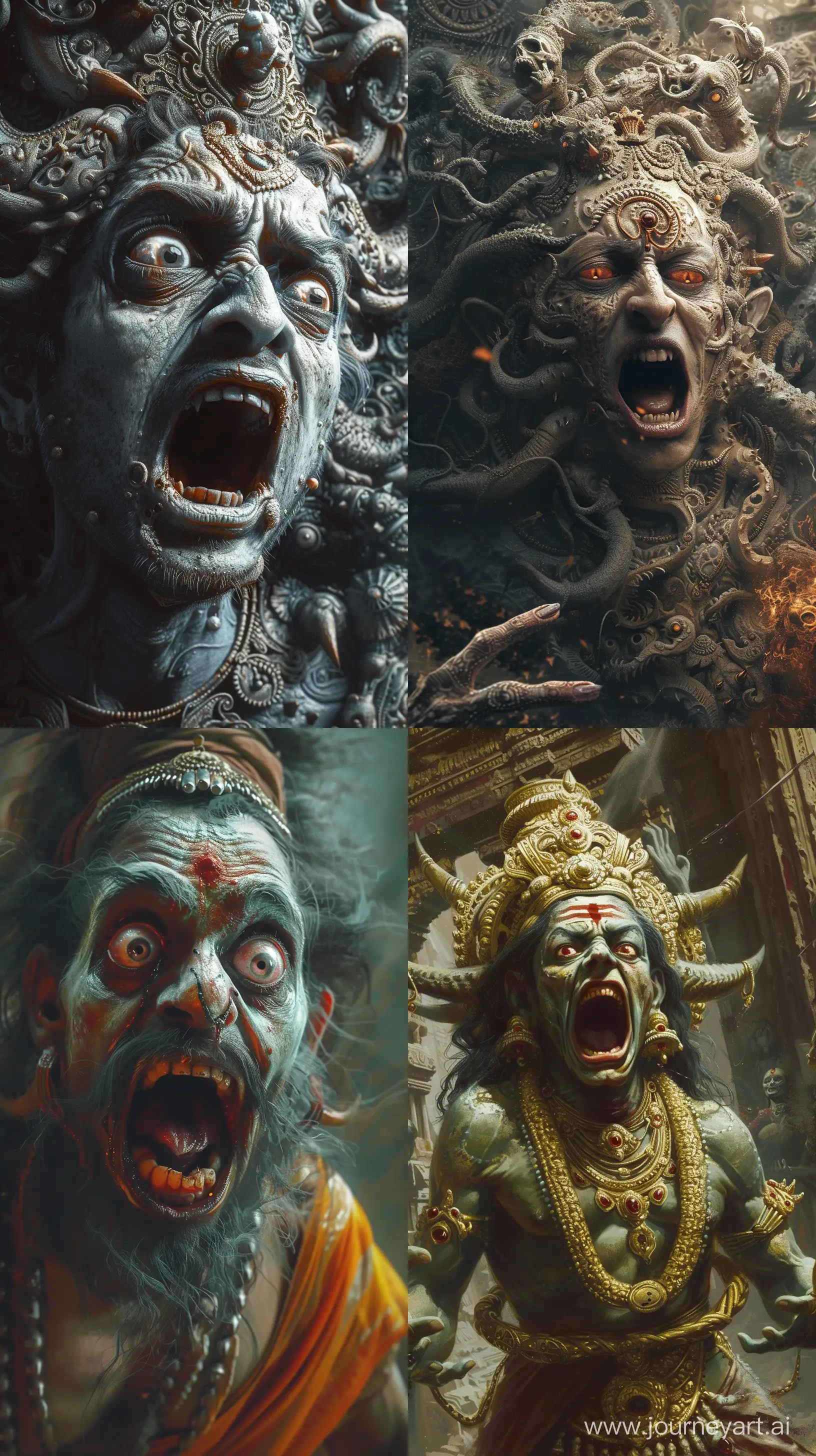 Realistic digital paintings depicting demons from Hindu mythology living in the underworld, terrified look on their faces, intricate details, UHD --ar 9:16 --v 6