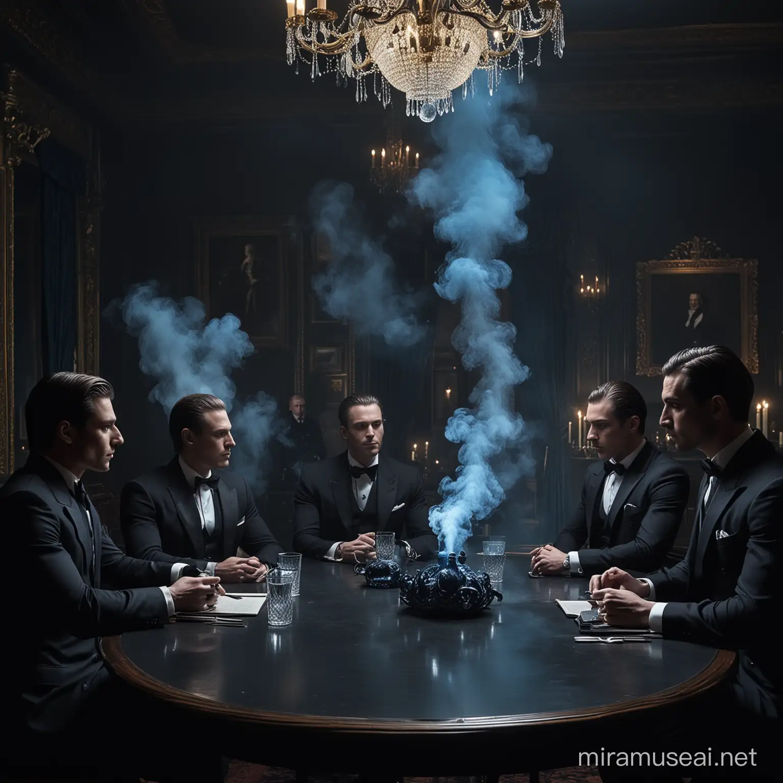 5 bulked men dressed in a black suits of different types, sharing a table in a dark room of royalty,  the room only has moonlight together with visually shining ornaments as a source of its lighting, blue smoke flows in the air as these 5 men are having a discussion 