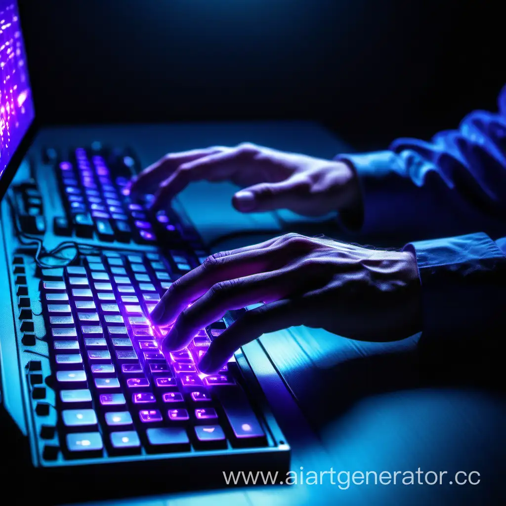 programmer with the beautiful hands is typing on the keyboard, next to the program codes, there is a backlight, a picture in purple, blue tones, the theme of the picture: technology and IT