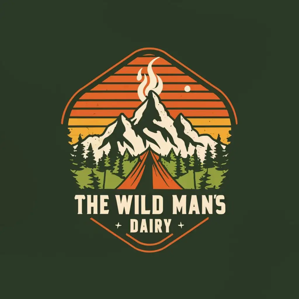 logo, Forest, mountains, nature, campfire, with the text "The Wild Man's Dairy", typography, be used in Travel industry